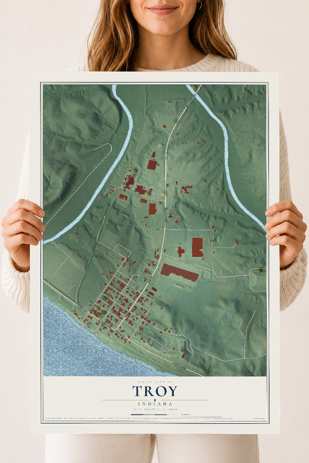 Map of Troy, Indiana, 18 x 24 inch unframed archival matte print