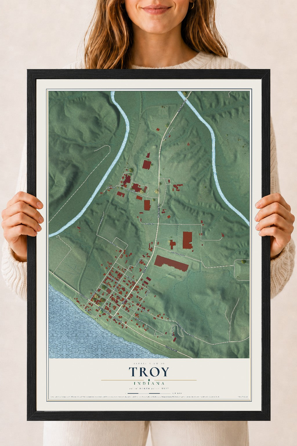 Map of Troy, Indiana, 18 x 24 inch print in a black wood frame