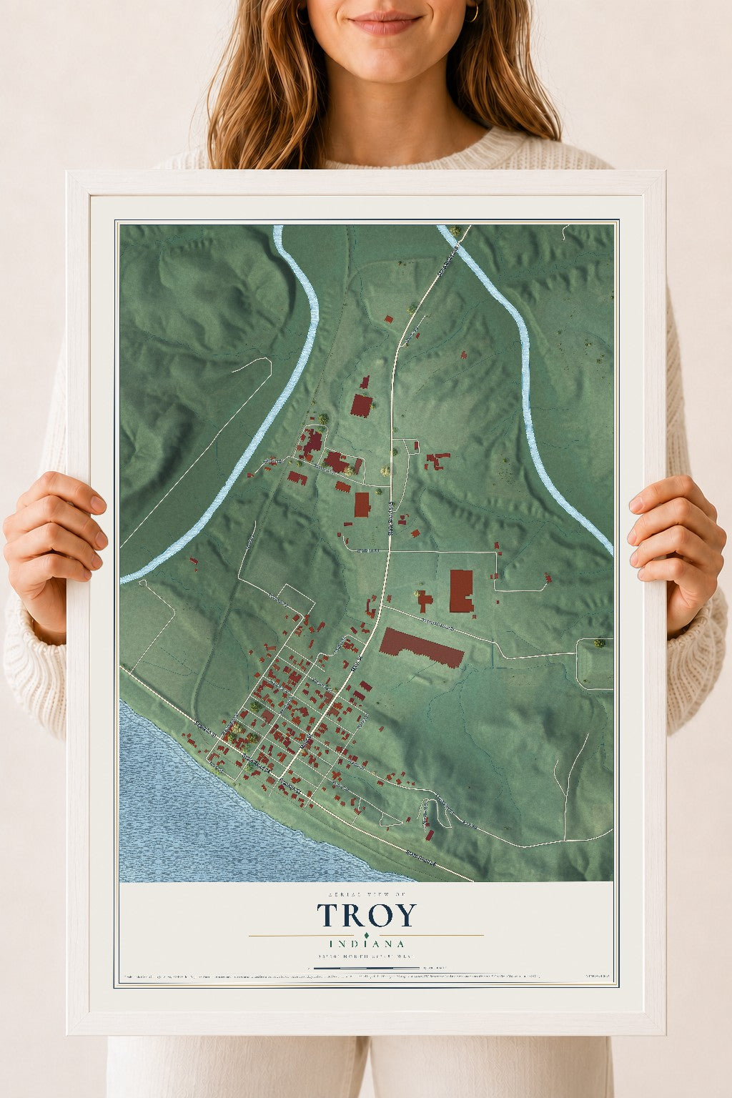Map of Troy, Indiana, 18 x 24 inch print in a white wood frame