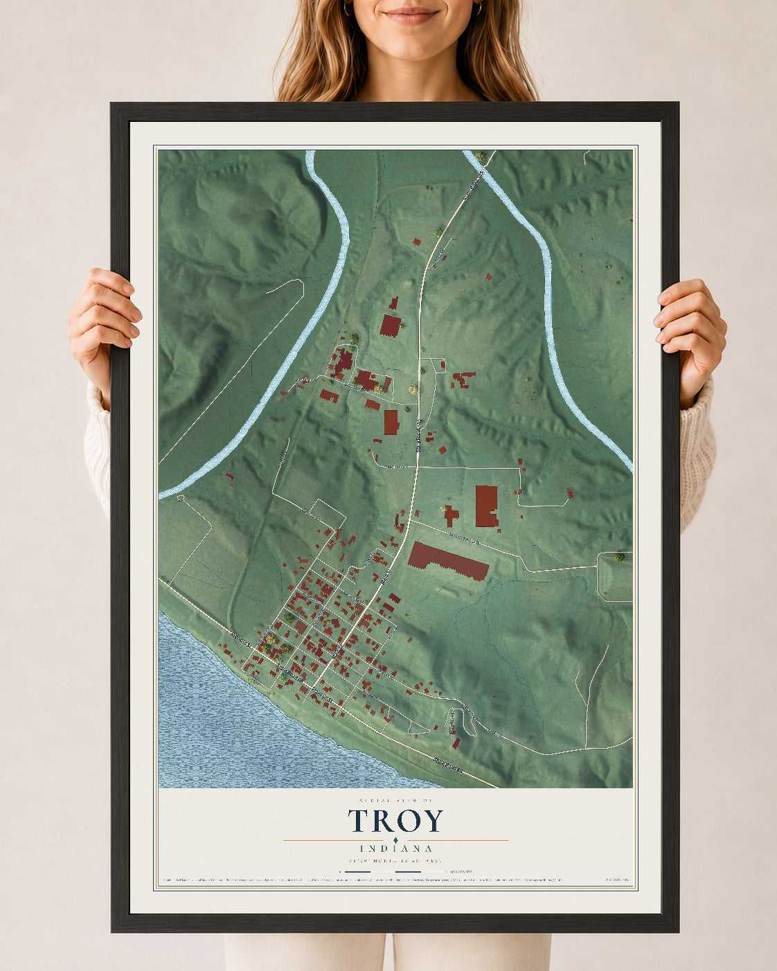 Map of Troy, Indiana, 24 x 36 inch print in a black wood frame