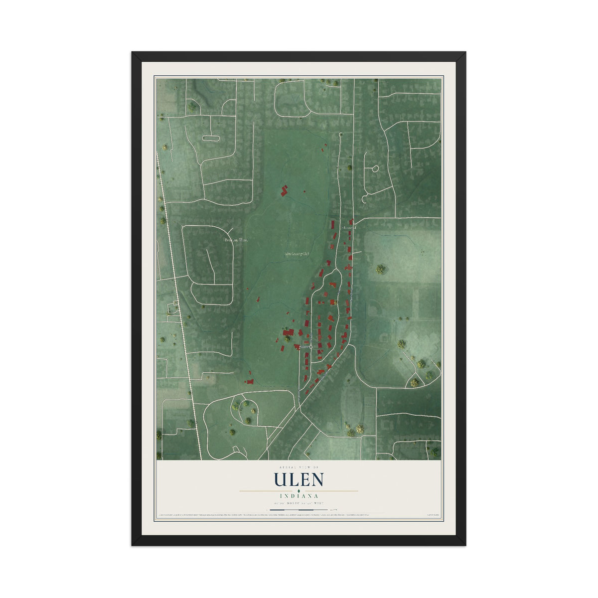 Map of Ulen, Indiana, 12 x 18 inch print in a black wood frame