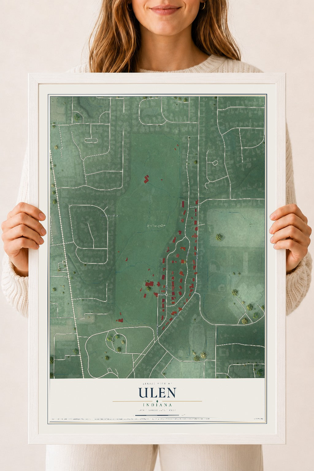 Map of Ulen, Indiana, 18 x 24 inch print in a white wood frame