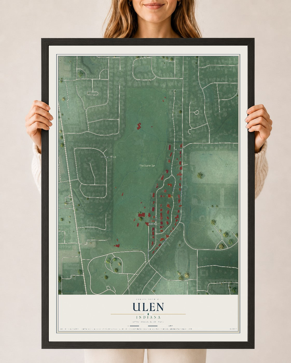Map of Ulen, Indiana, 24 x 36 inch print in a black wood frame