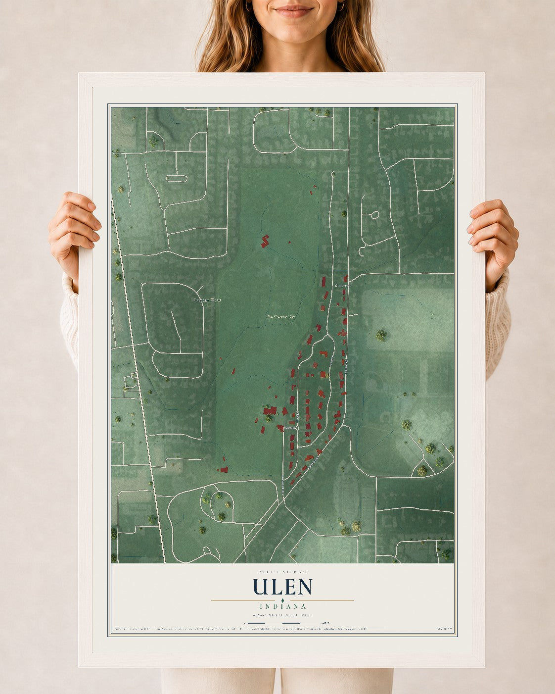 Map of Ulen, Indiana, 24 x 36 inch print in a white wood frame