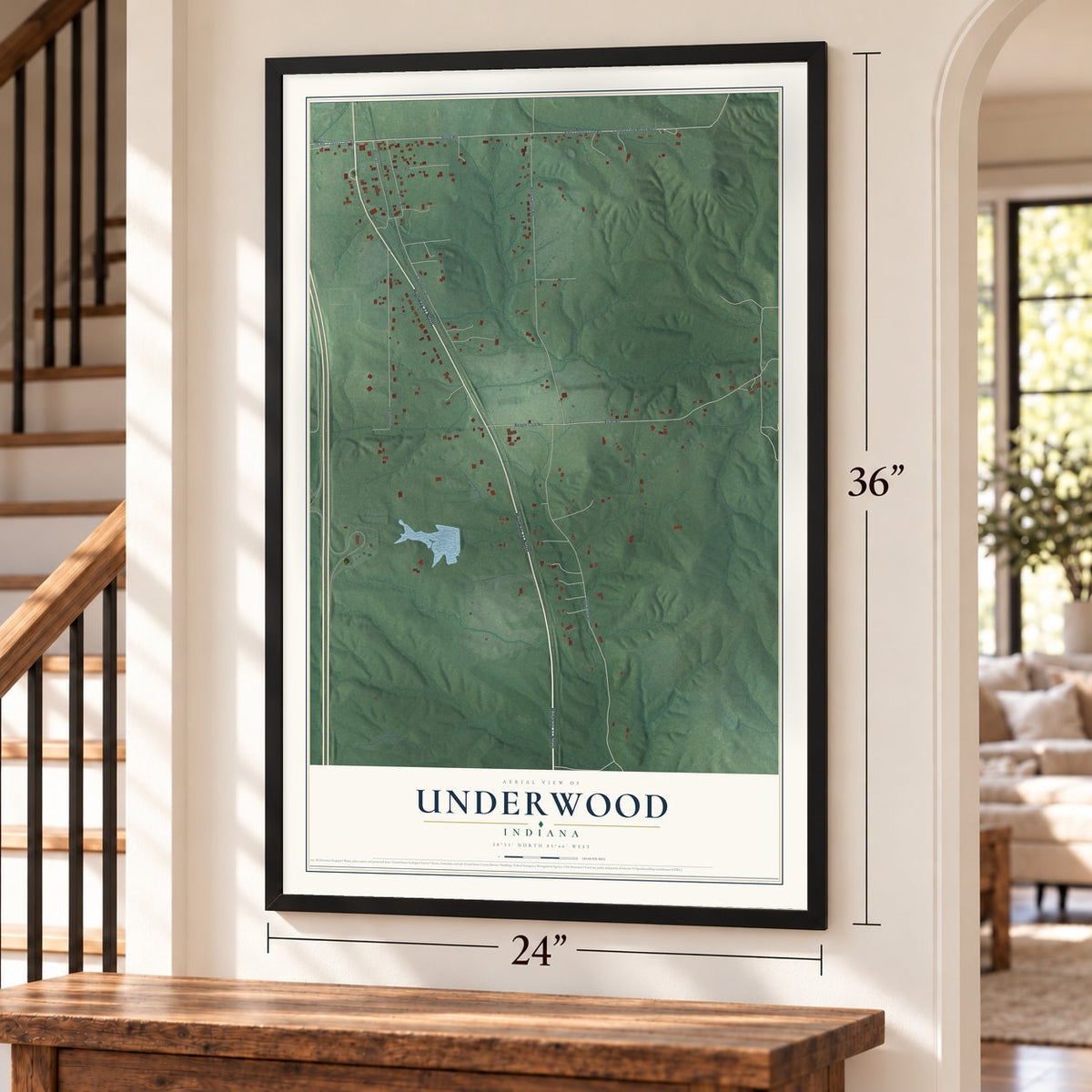 Underwood, Indiana map, 24 x 36 inch print in a black frame by a staircase