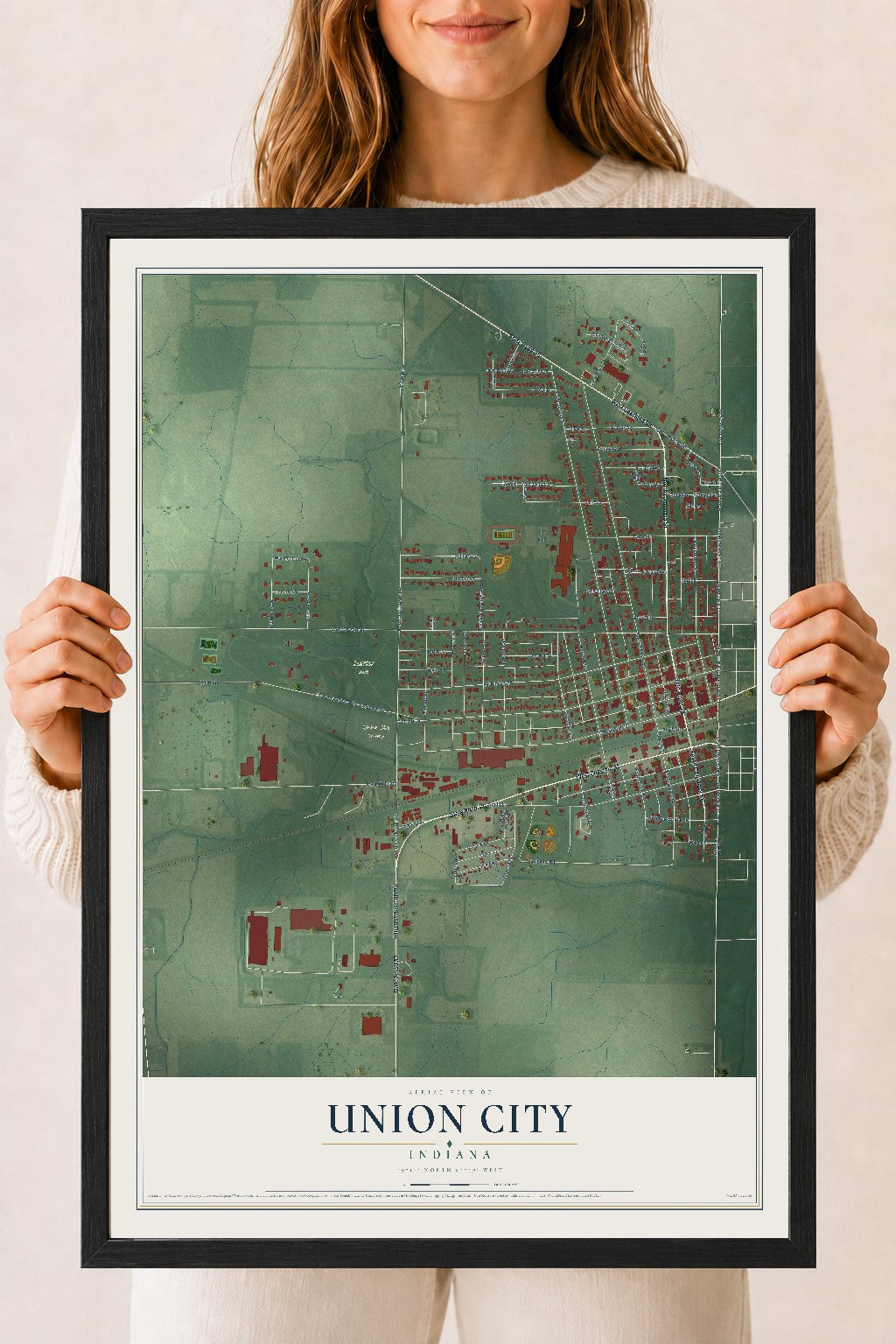 Map of Union City, Indiana, 18 x 24 inch print in a black wood frame