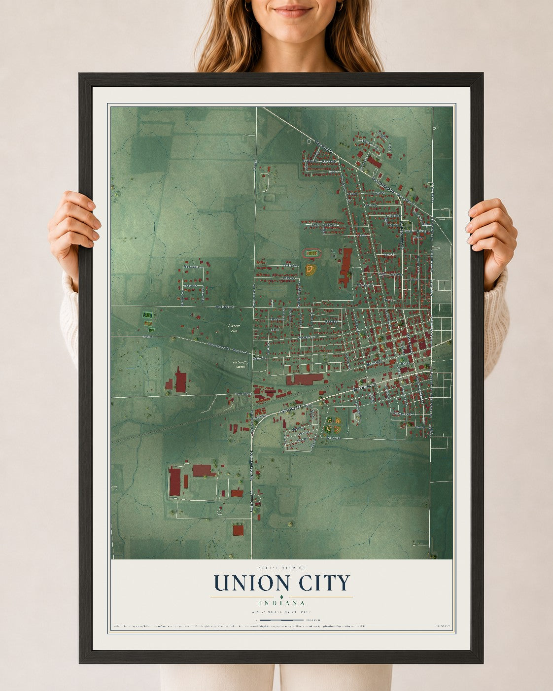 Map of Union City, Indiana, 24 x 36 inch print in a black wood frame