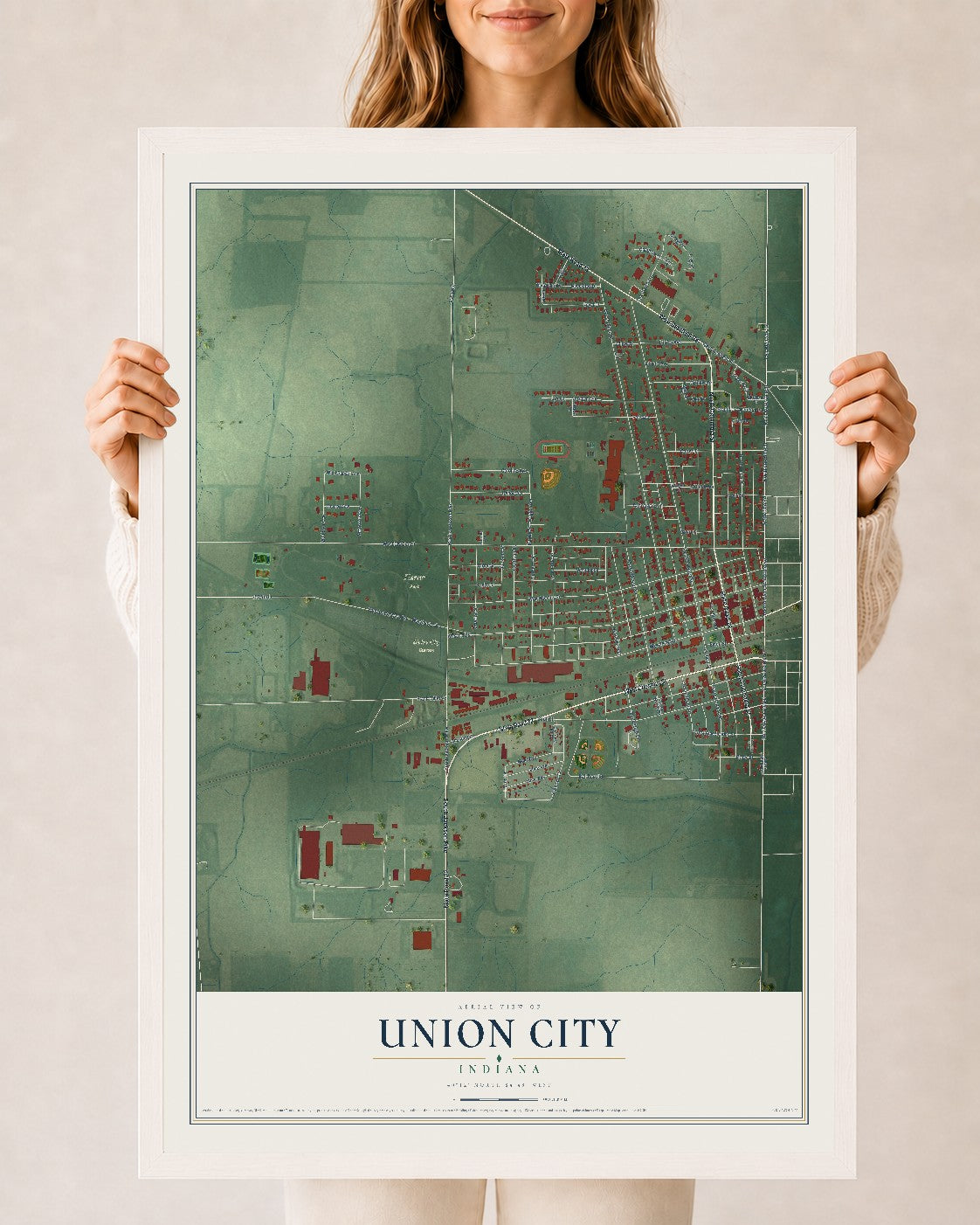 Map of Union City, Indiana, 24 x 36 inch print in a white wood frame