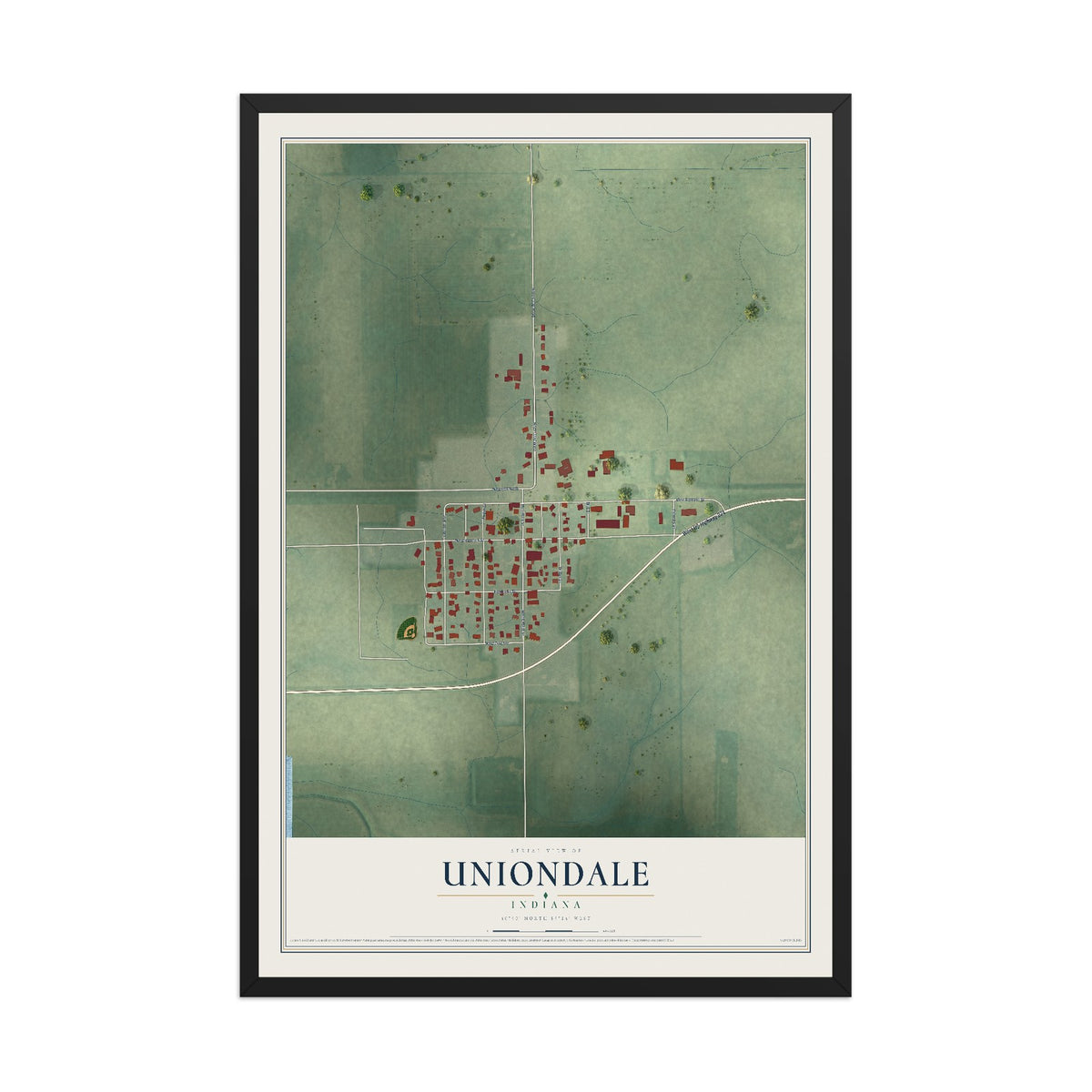 Map of Uniondale, Indiana, 12 x 18 inch print in a black wood frame
