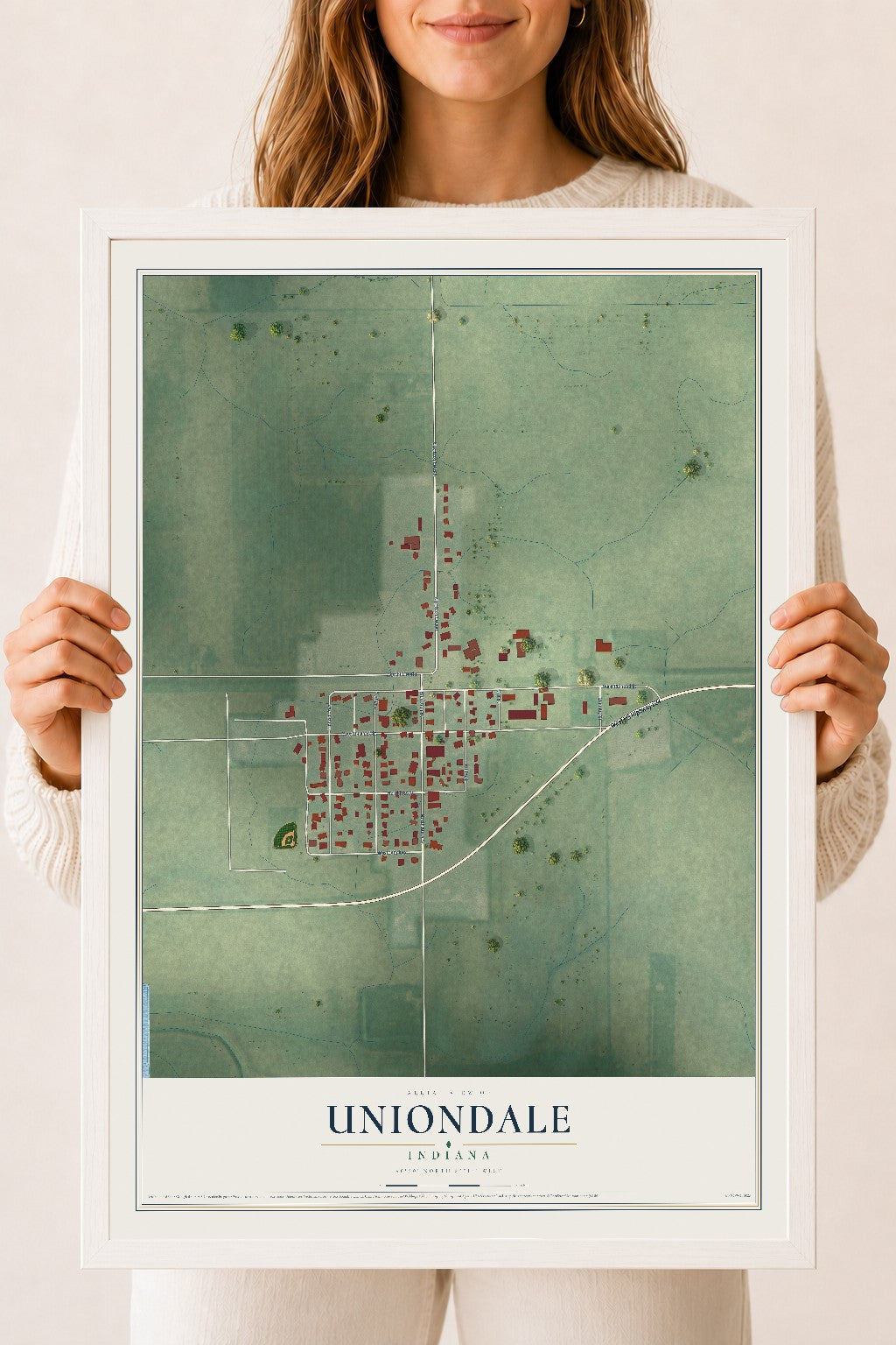 Map of Uniondale, Indiana, 18 x 24 inch print in a white wood frame