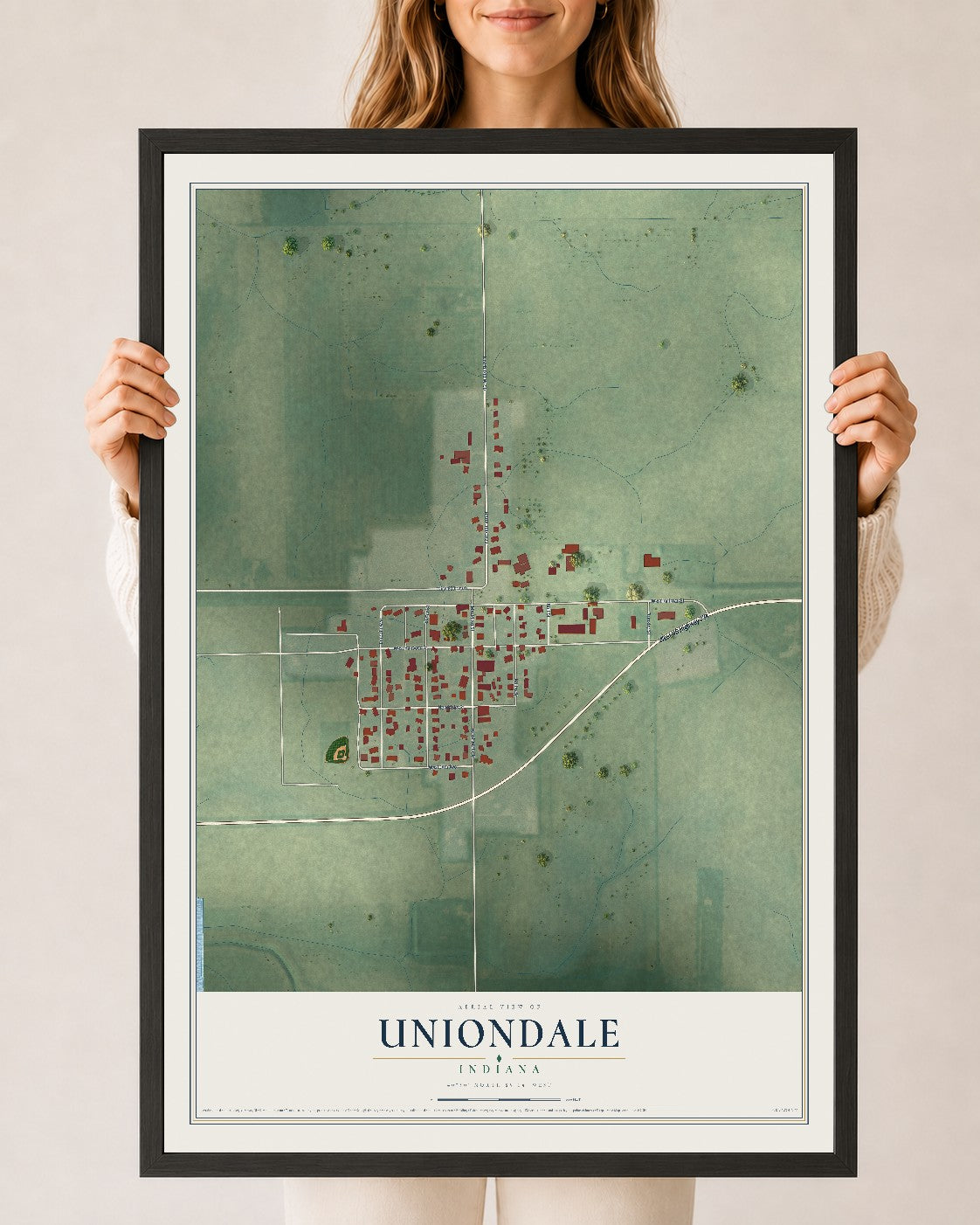 Map of Uniondale, Indiana, 24 x 36 inch print in a black wood frame