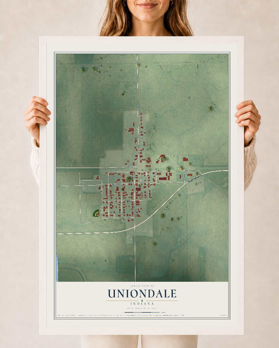Map of Uniondale, Indiana, 24 x 36 inch print in a white wood frame