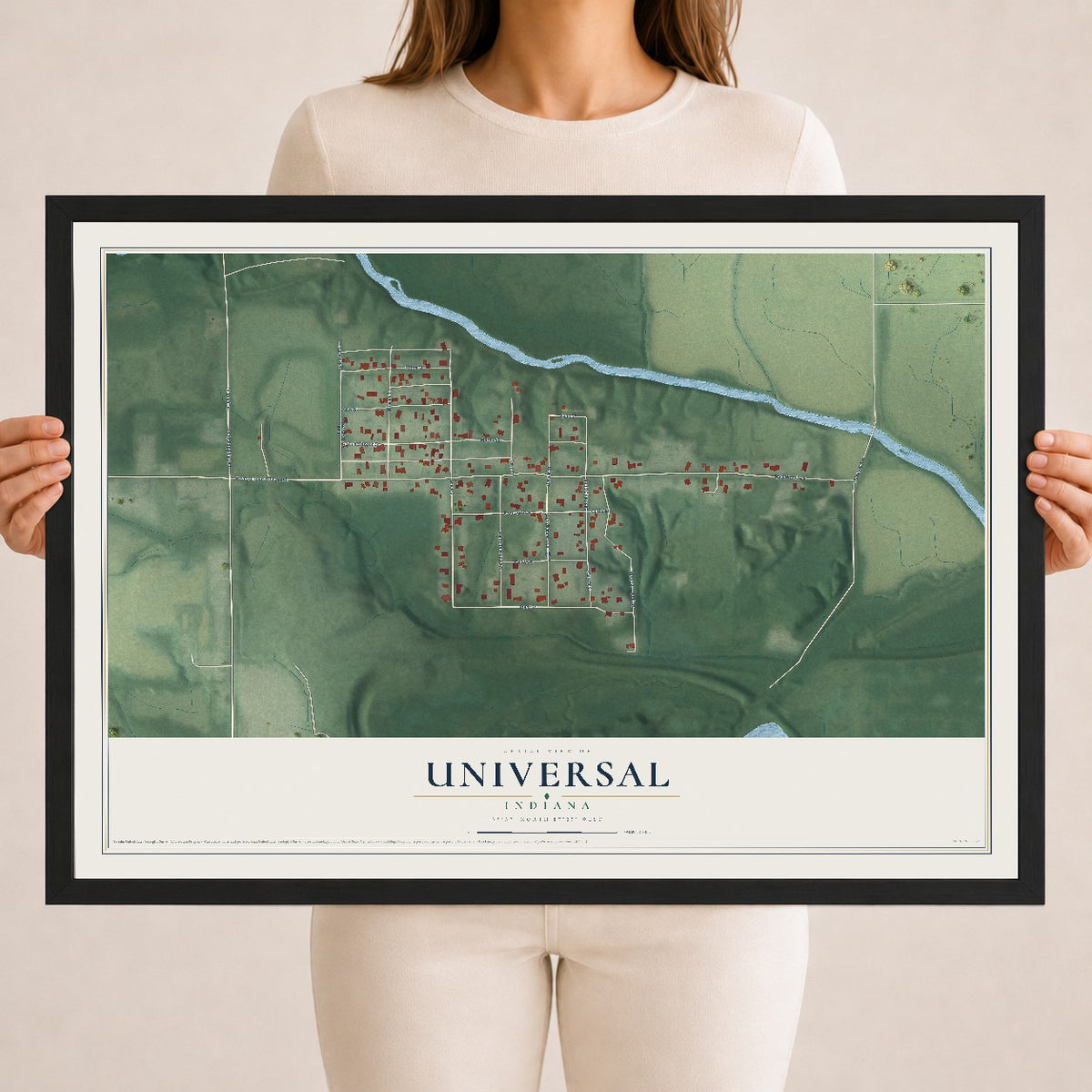 Map of Universal, Indiana, 18 x 24 inch print in a black wood frame