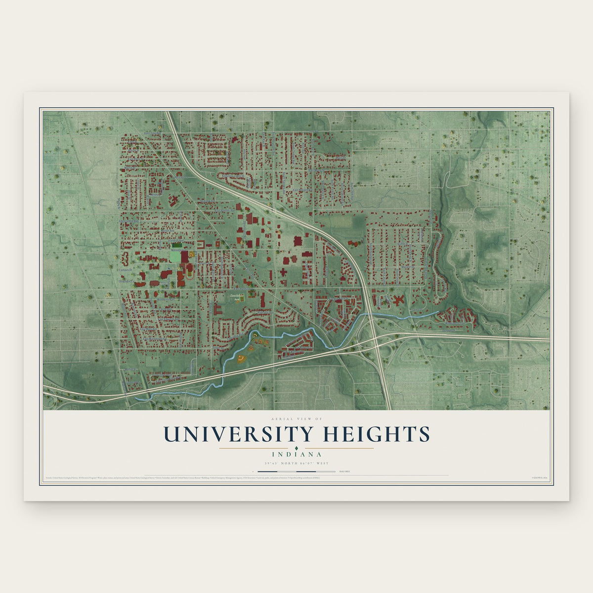 University Heights, Indiana map print, the full design