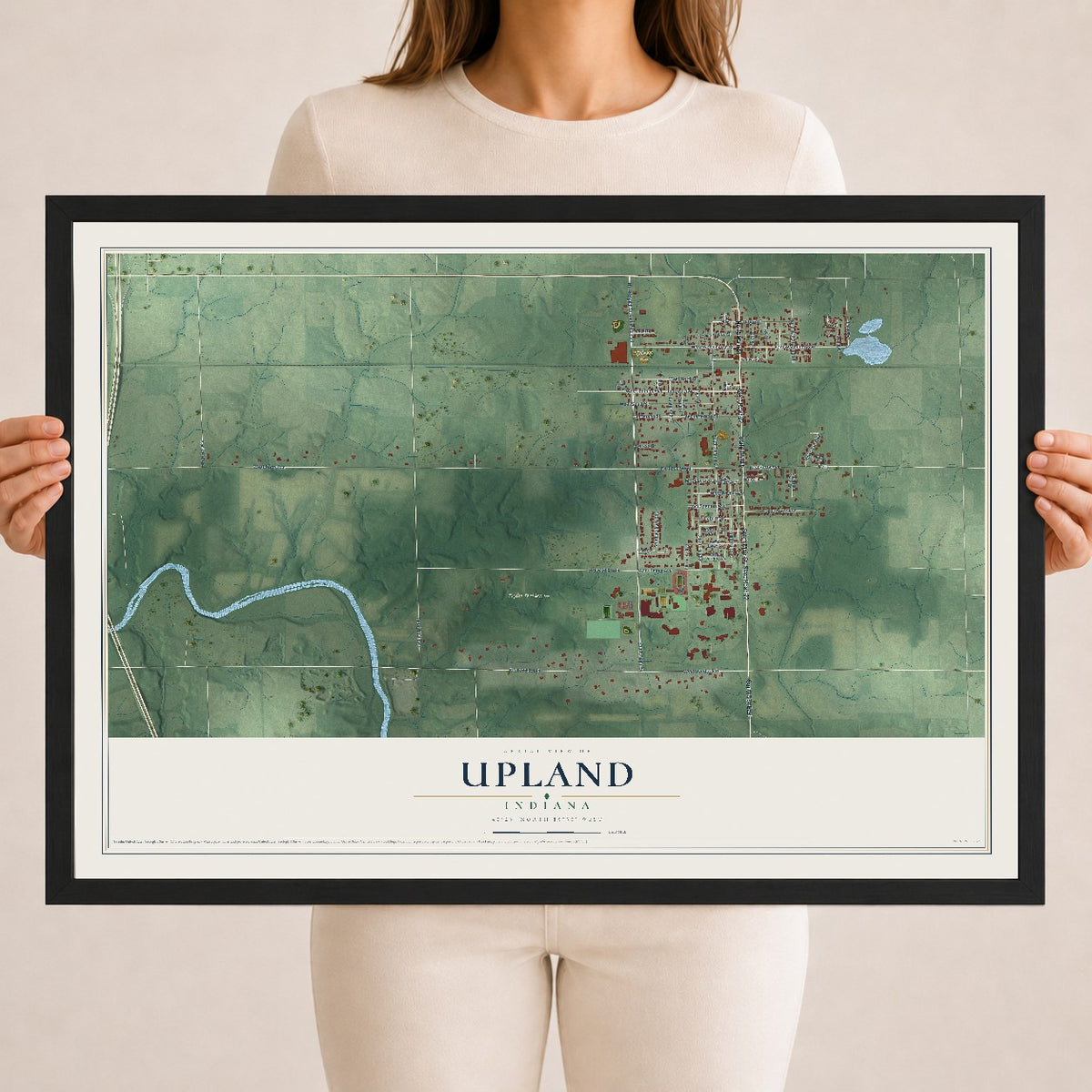 Map of Upland, Indiana, 18 x 24 inch print in a black wood frame