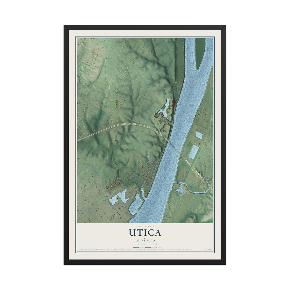 Map of Utica, Indiana, 12 x 18 inch print in a black wood frame