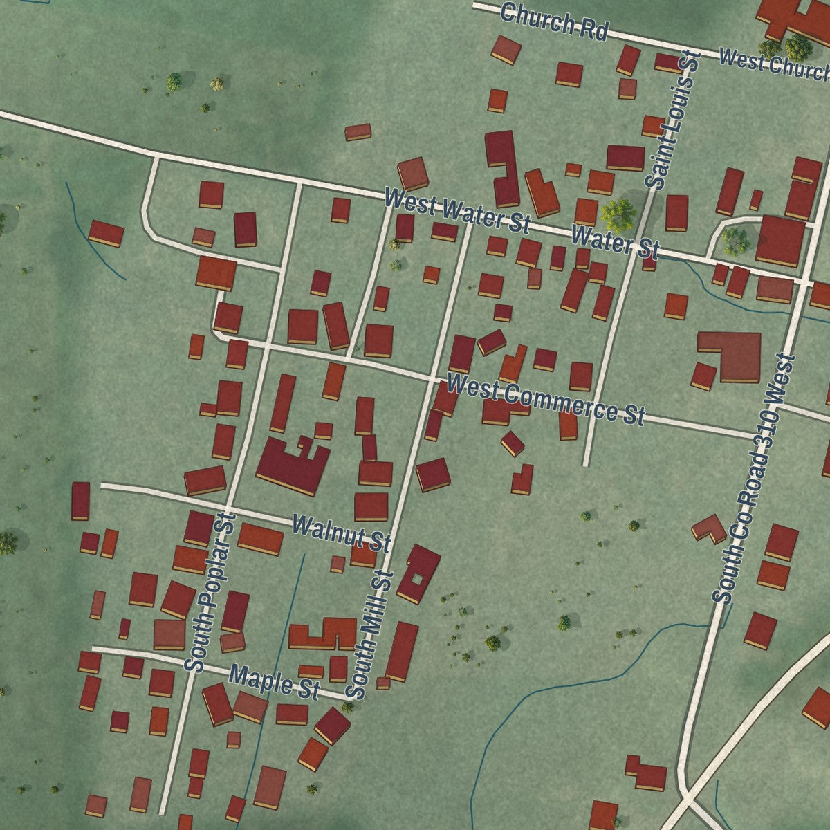Close-up of the map of Vallonia, Indiana print showing street and building detail