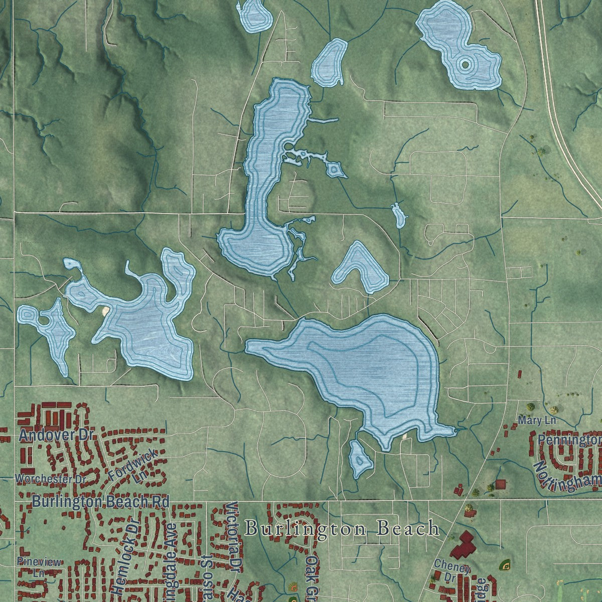 Second close-up of the map of Valparaiso, Indiana print showing more streets and buildings