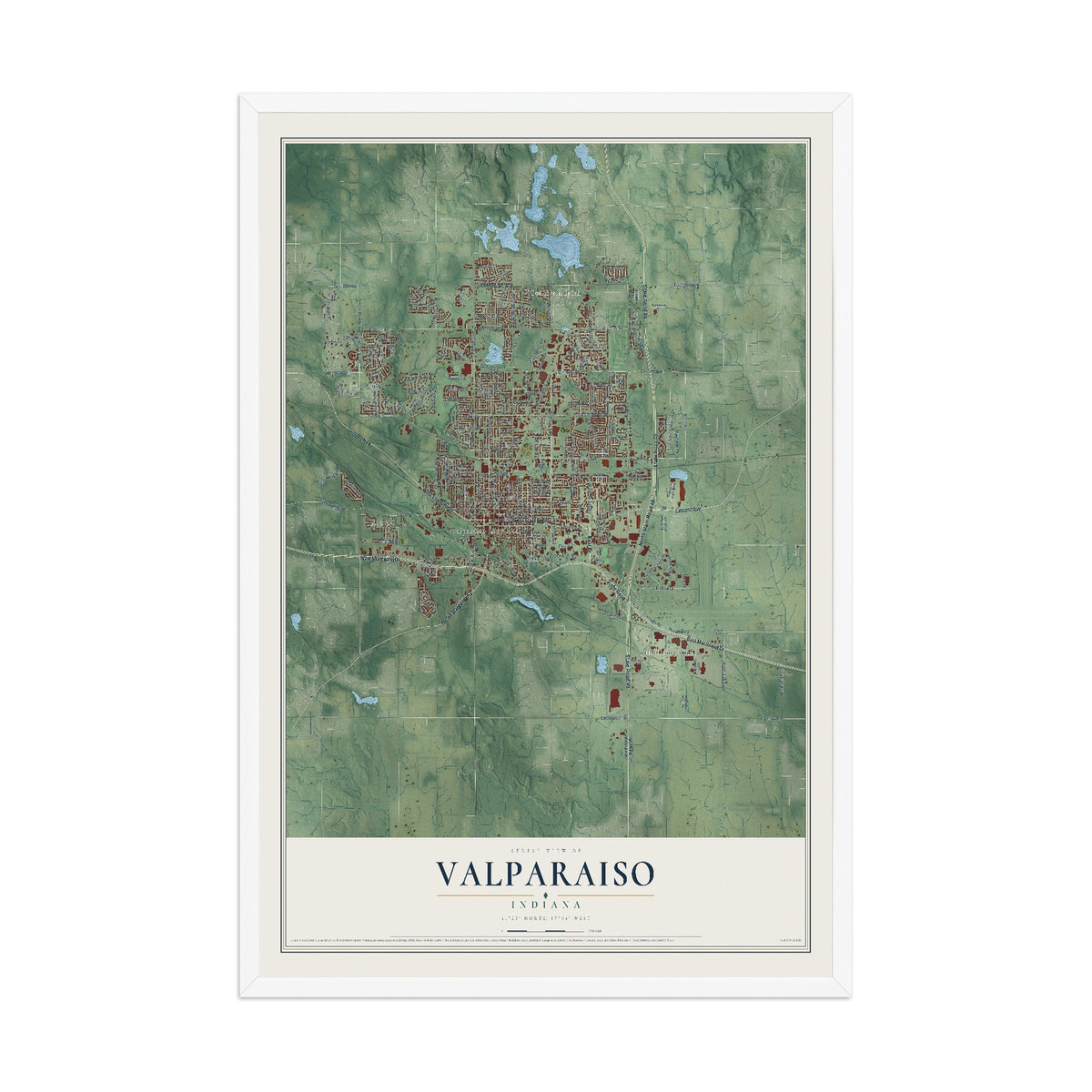 Map of Valparaiso, Indiana, 12 x 18 inch print in a white wood frame