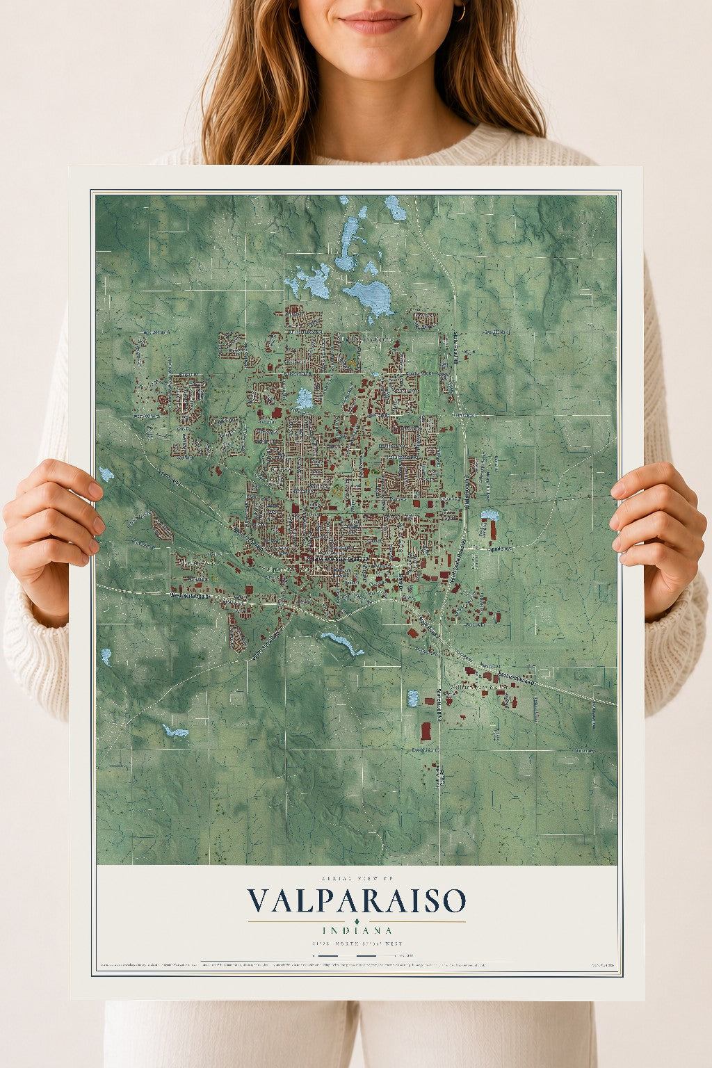 Map of Valparaiso, Indiana, 18 x 24 inch unframed archival matte print