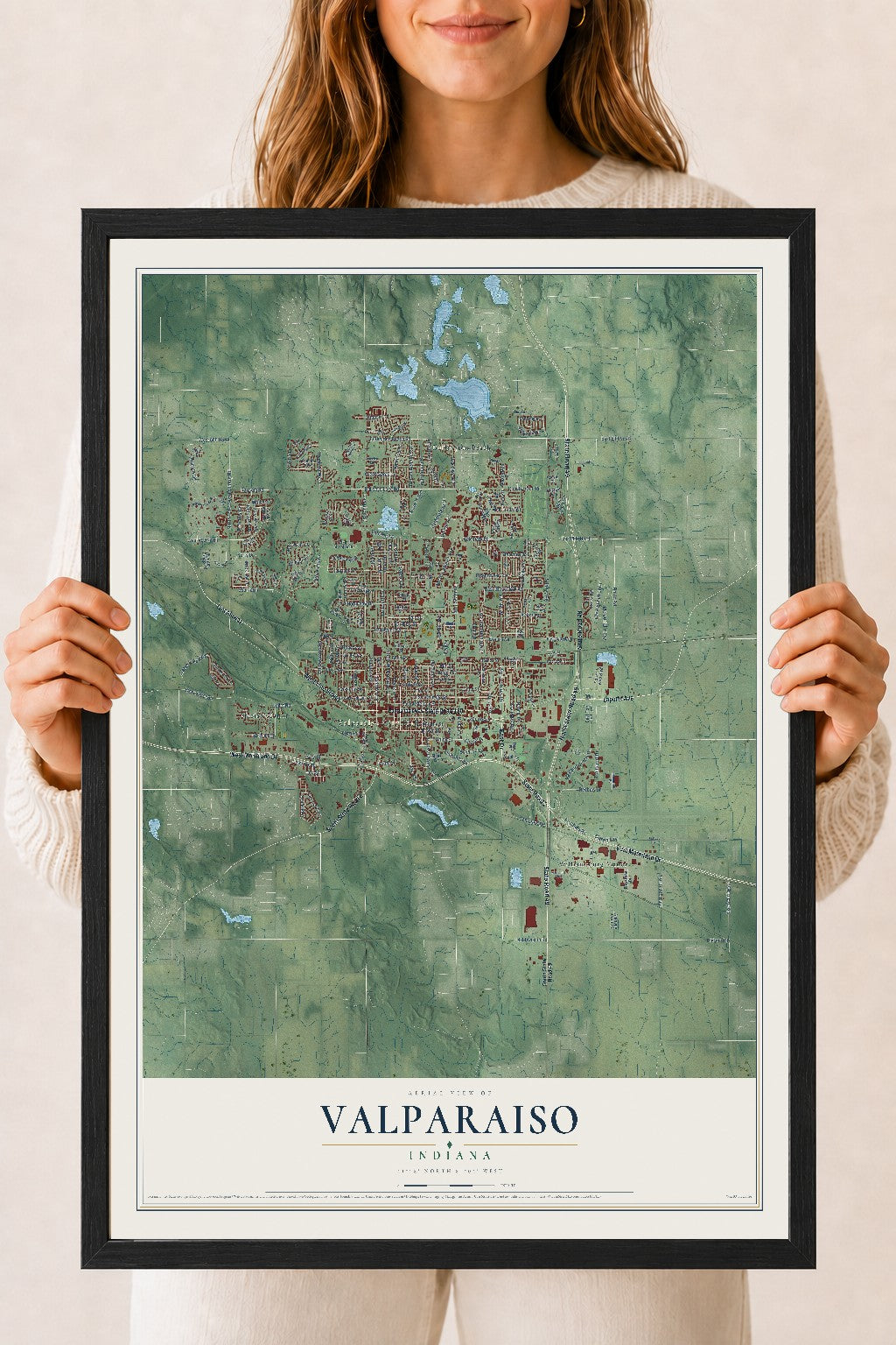 Map of Valparaiso, Indiana, 18 x 24 inch print in a black wood frame
