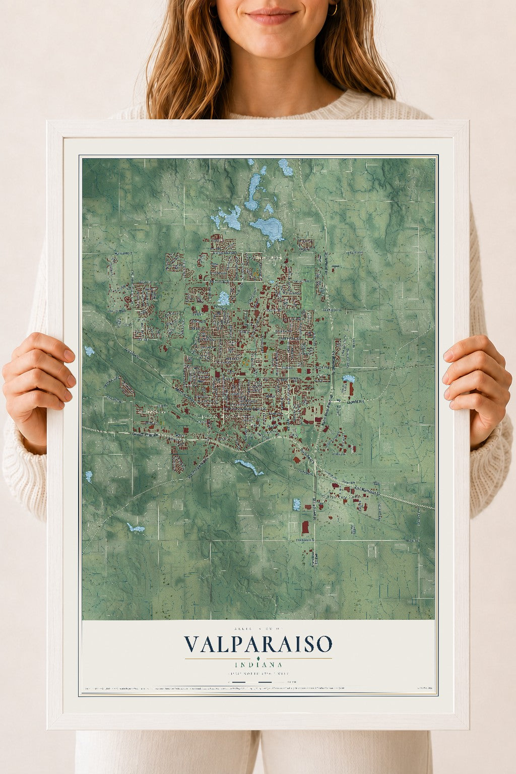 Map of Valparaiso, Indiana, 18 x 24 inch print in a white wood frame