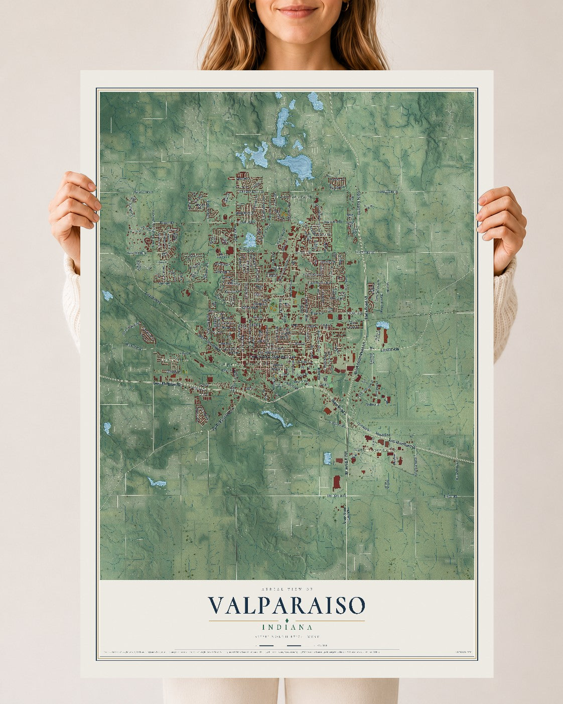 Map of Valparaiso, Indiana, 24 x 36 inch unframed archival matte print