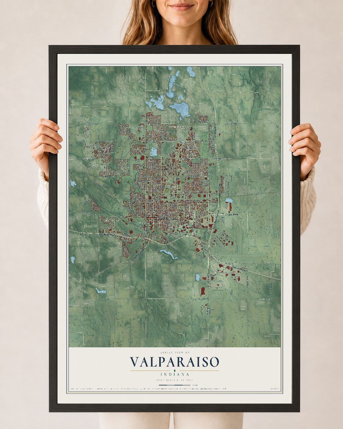 Map of Valparaiso, Indiana, 24 x 36 inch print in a black wood frame