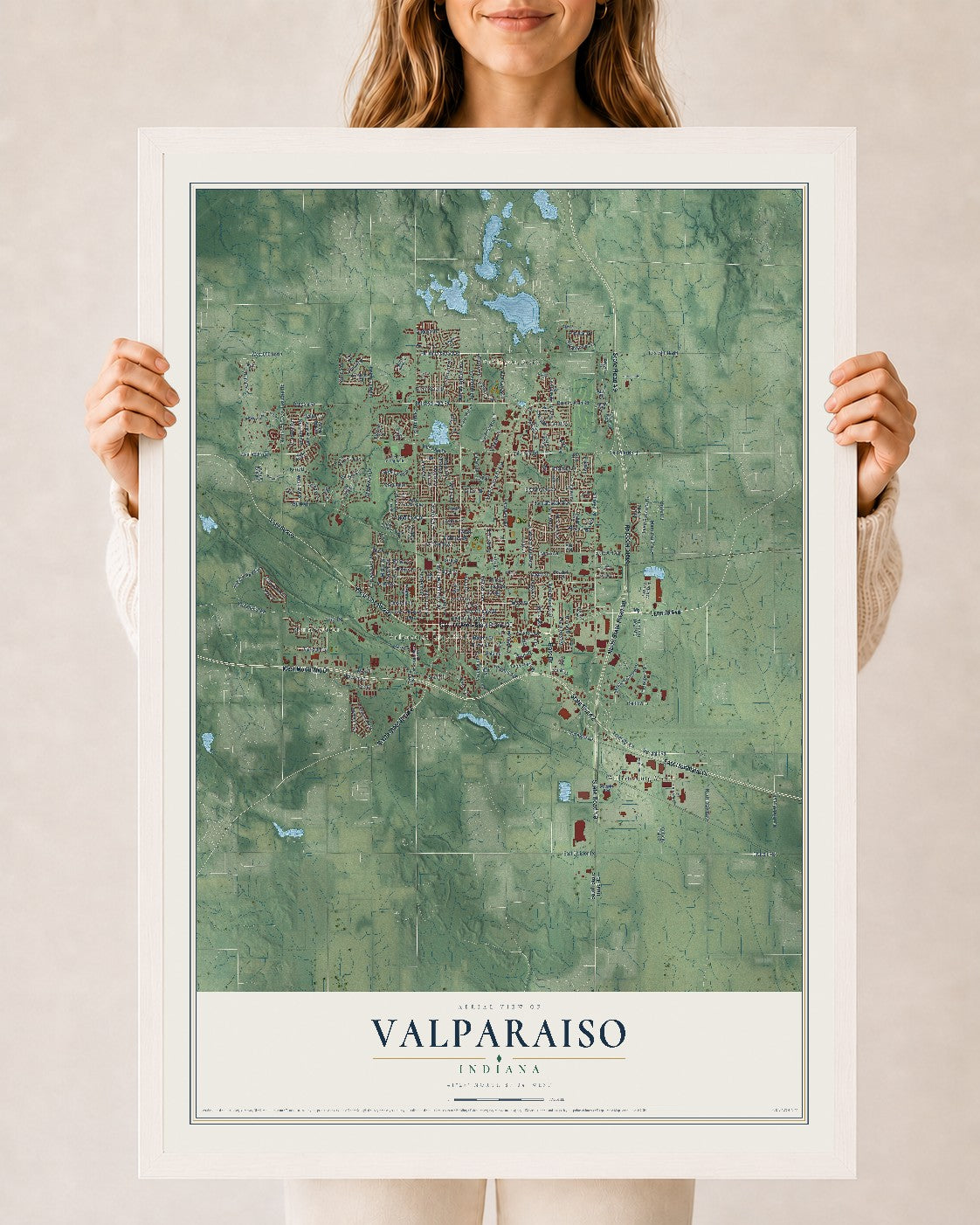 Map of Valparaiso, Indiana, 24 x 36 inch print in a white wood frame