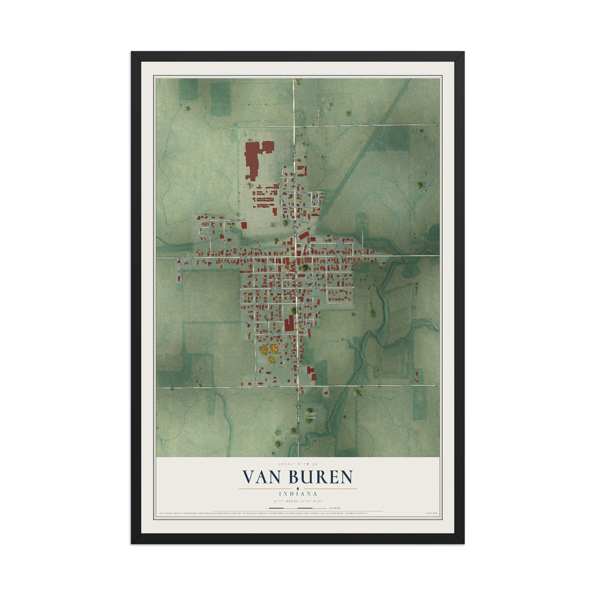 Map of Van Buren, Indiana, 12 x 18 inch print in a black wood frame