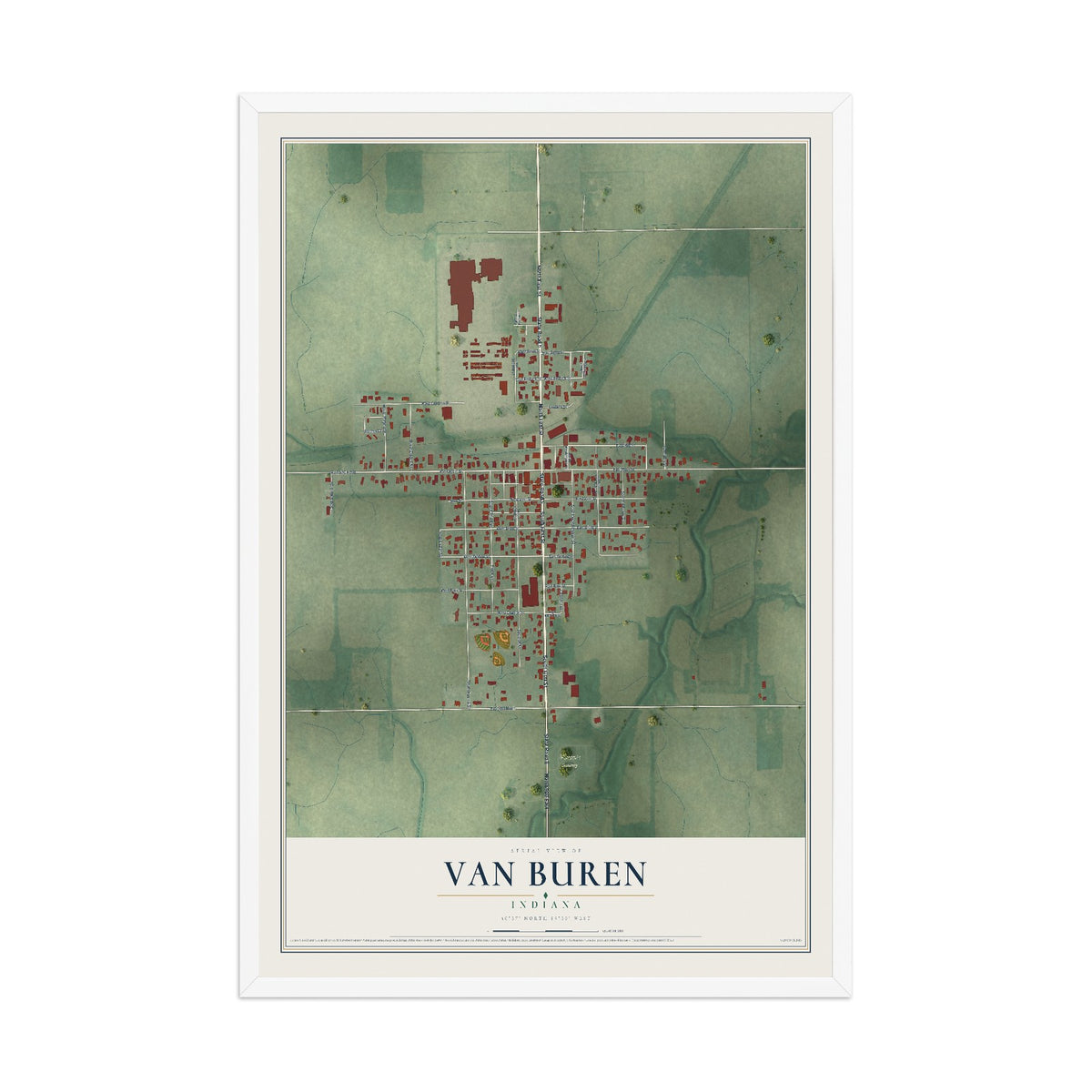 Map of Van Buren, Indiana, 12 x 18 inch print in a white wood frame