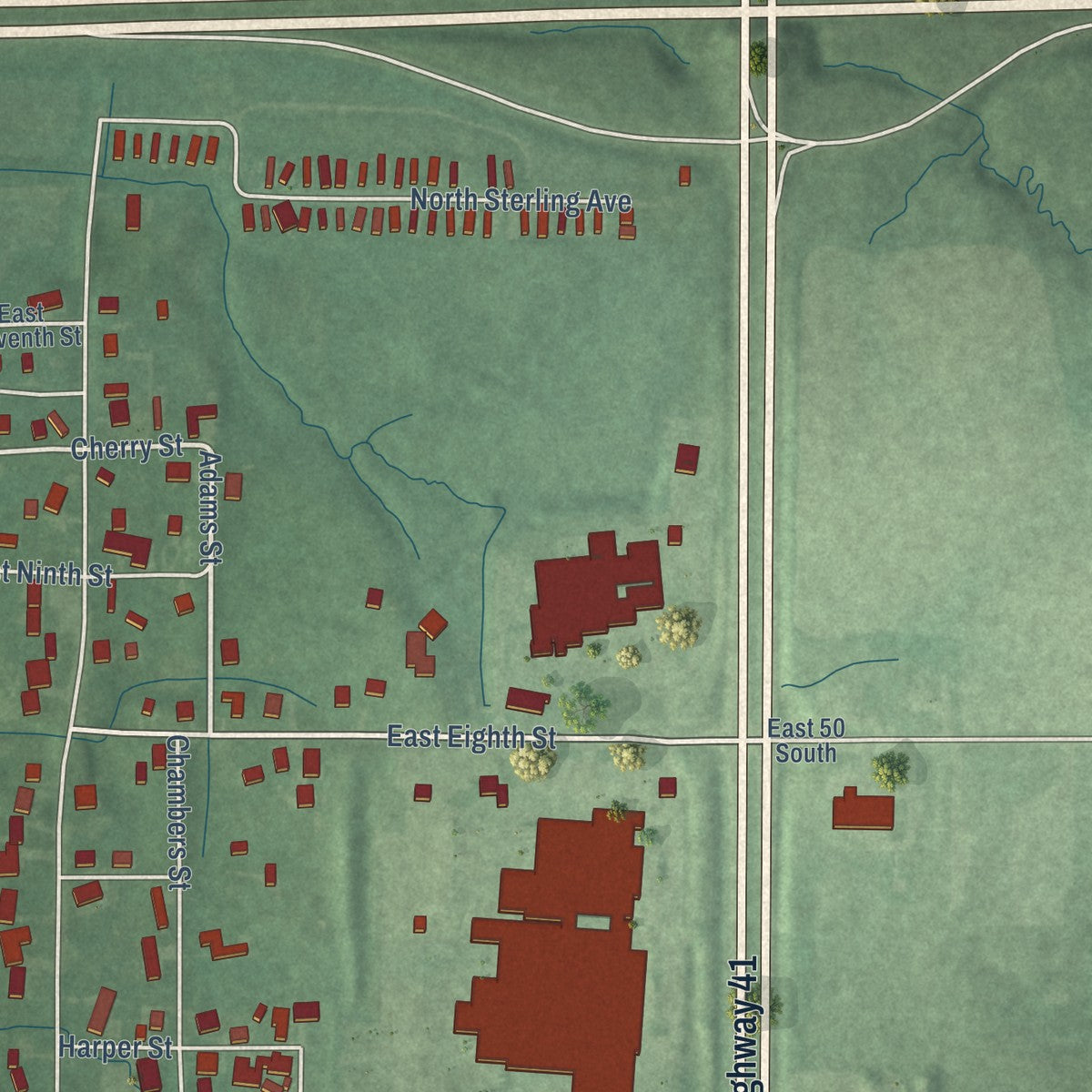 Second close-up of the map of Veedersburg, Indiana print showing more streets and buildings