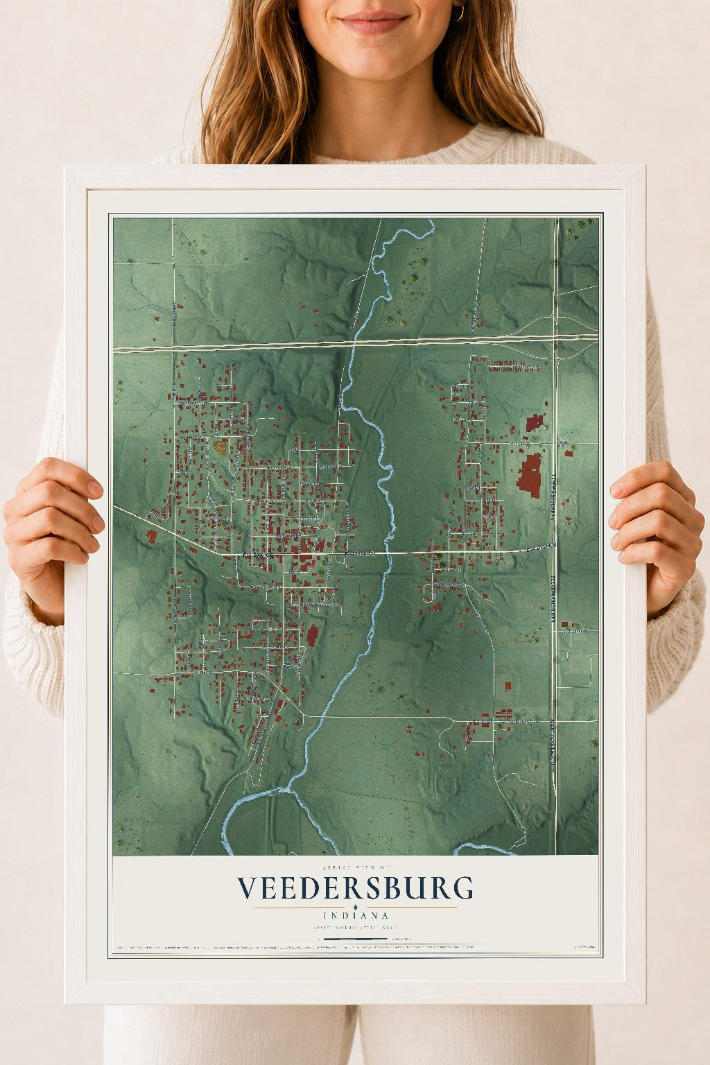 Map of Veedersburg, Indiana, 18 x 24 inch print in a white wood frame