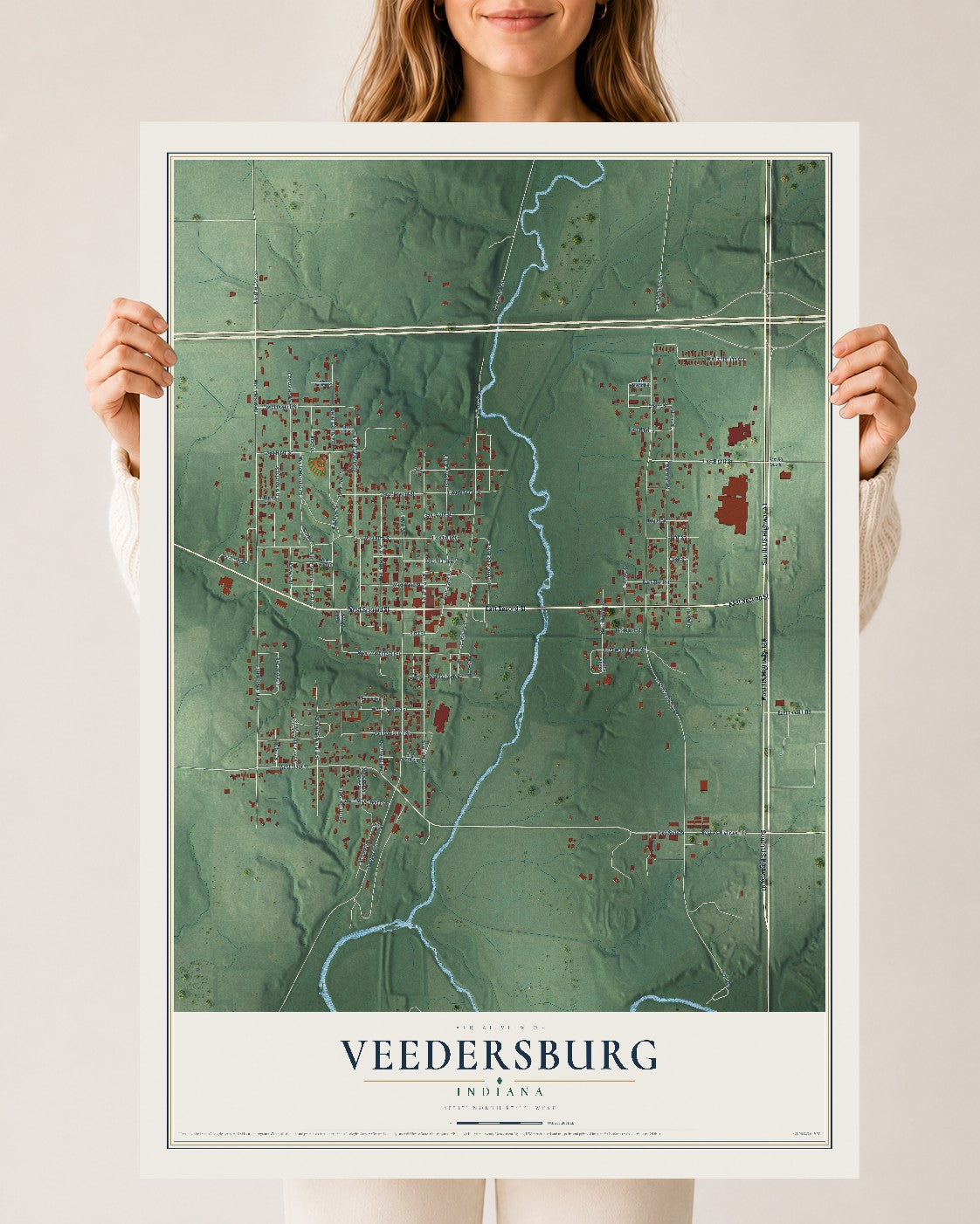 Map of Veedersburg, Indiana, 24 x 36 inch unframed archival matte print