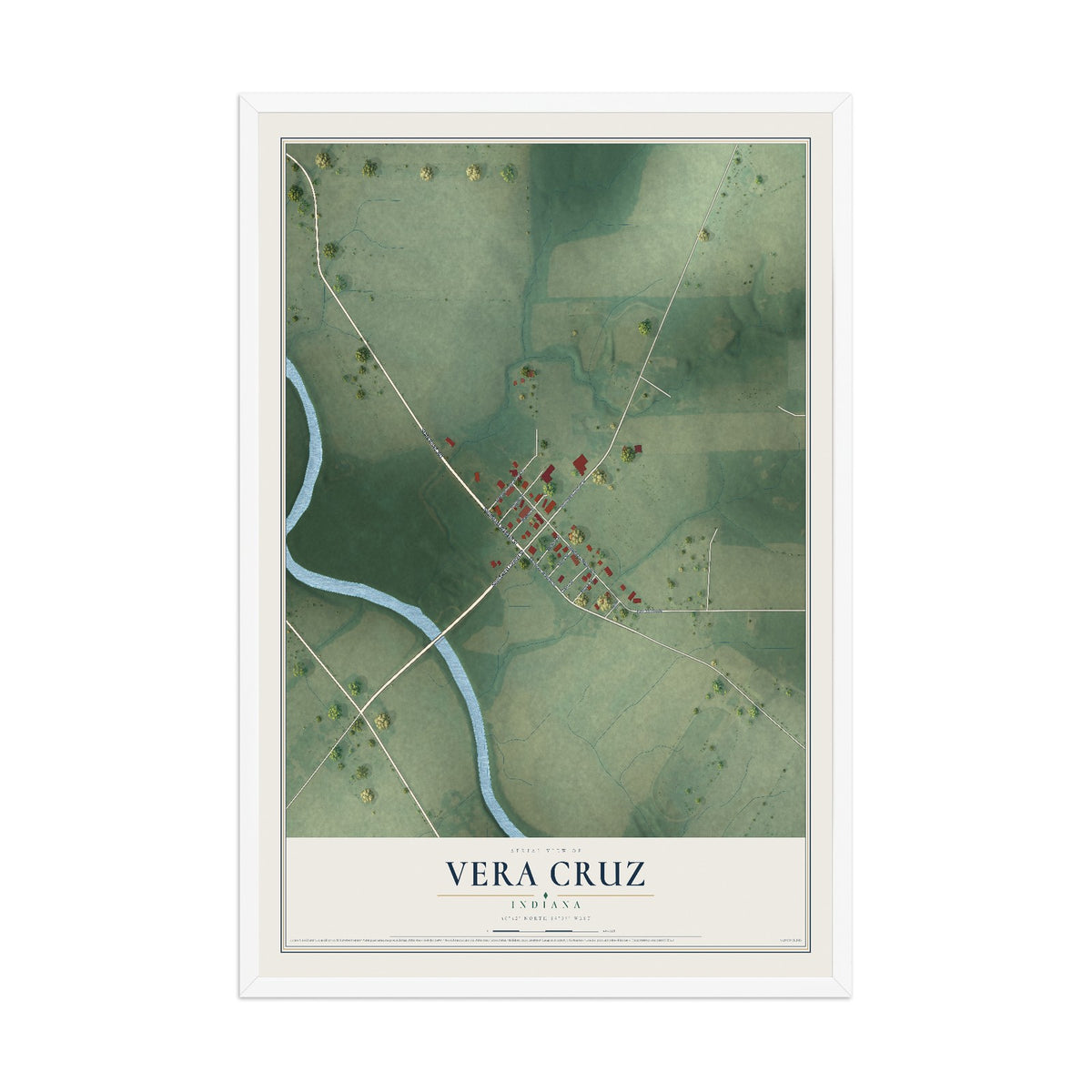 Map of Vera Cruz, Indiana, 12 x 18 inch print in a white wood frame