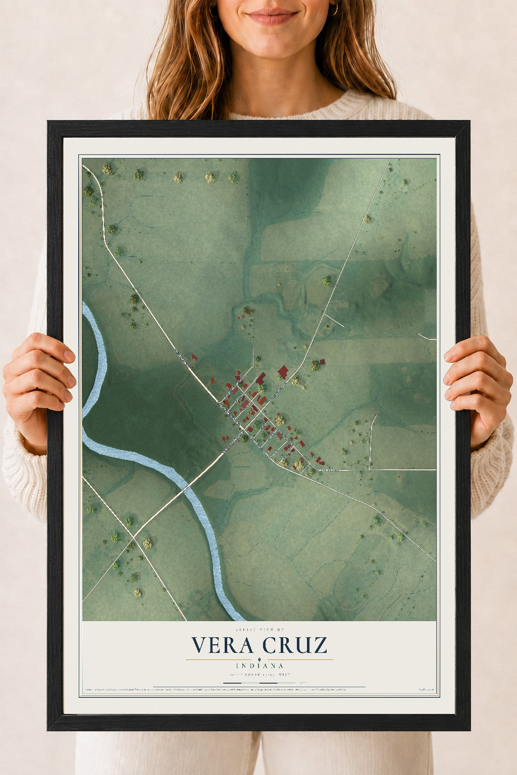 Map of Vera Cruz, Indiana, 18 x 24 inch print in a black wood frame