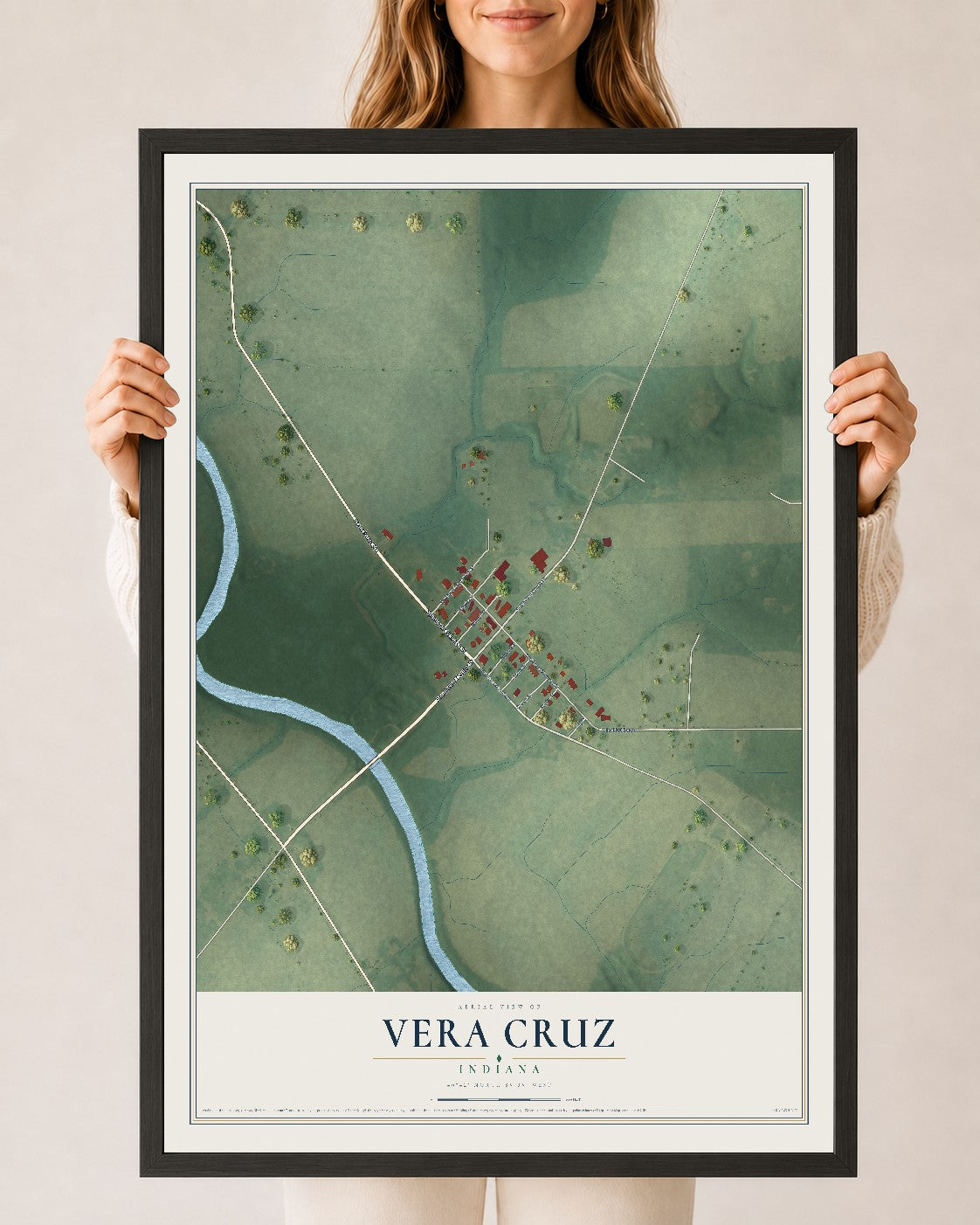 Map of Vera Cruz, Indiana, 24 x 36 inch print in a black wood frame