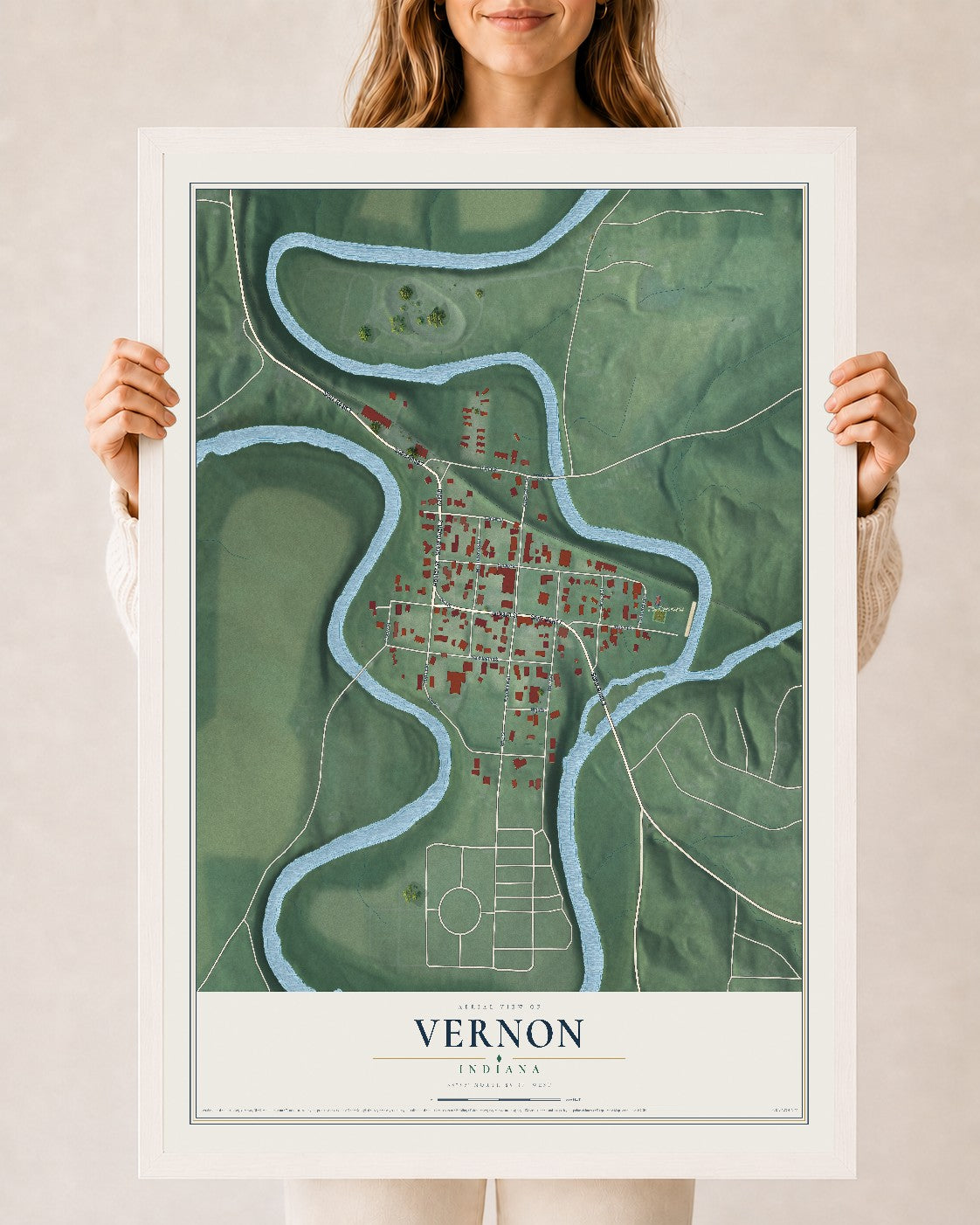 Map of Vernon, Indiana, 24 x 36 inch print in a white wood frame