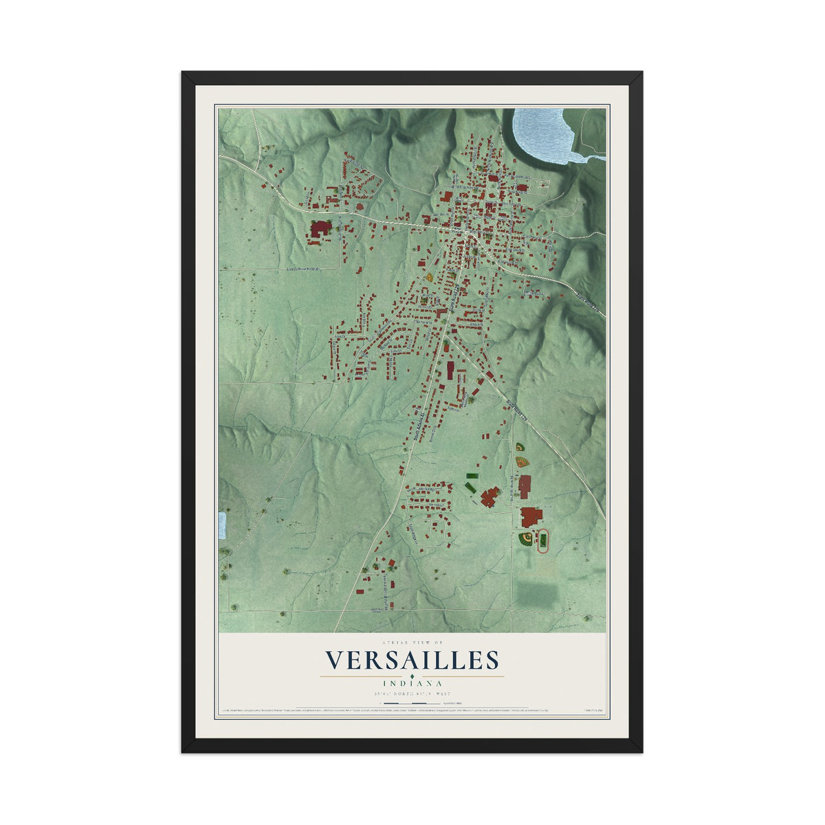 Map of Versailles, Indiana, 12 x 18 inch print in a black wood frame