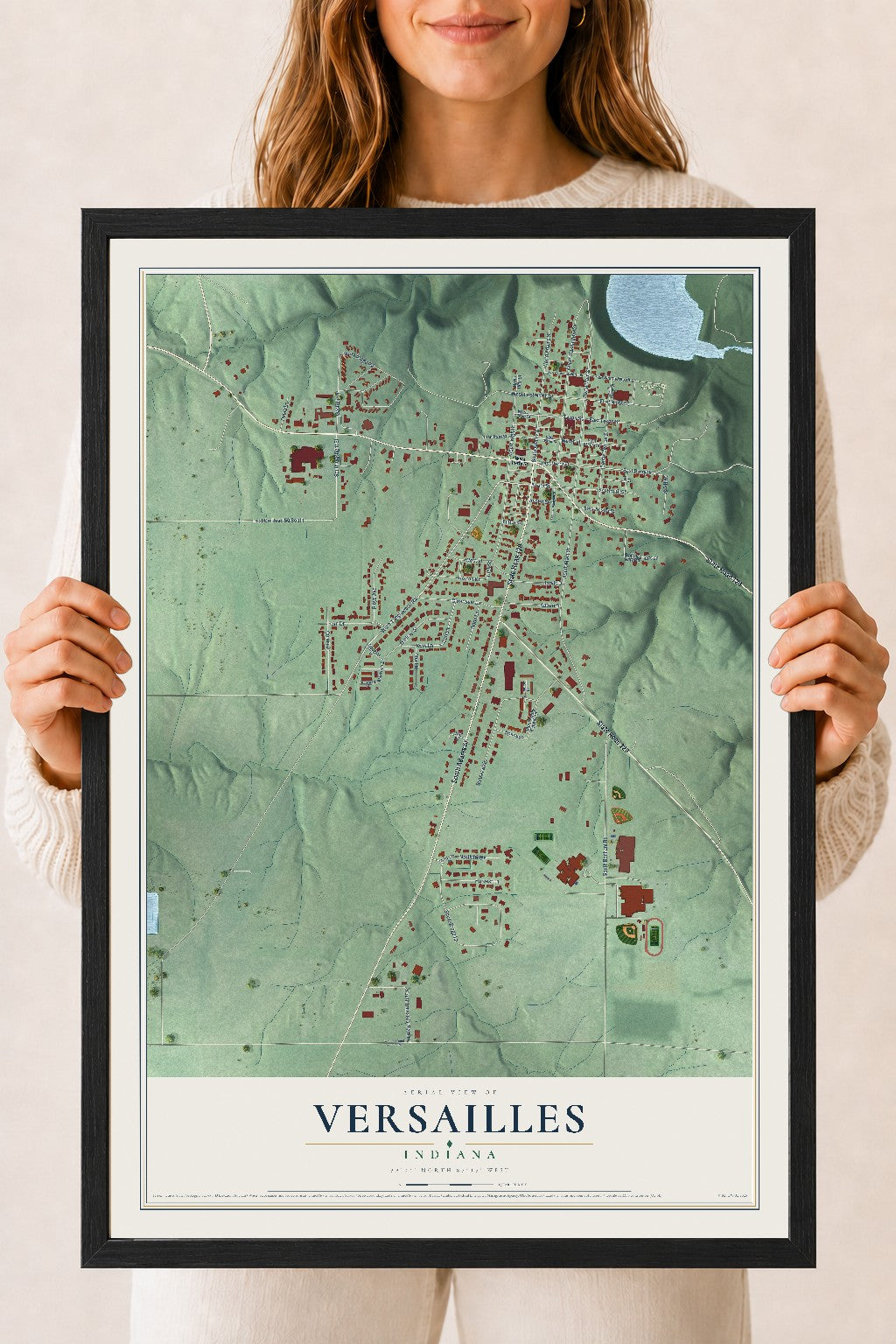 Map of Versailles, Indiana, 18 x 24 inch print in a black wood frame