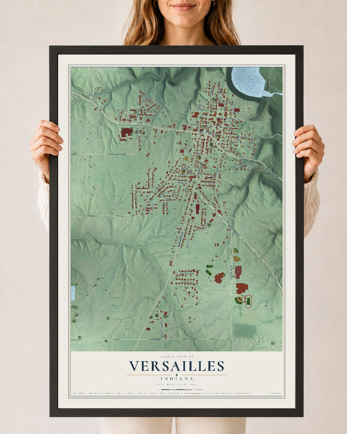 Map of Versailles, Indiana, 24 x 36 inch print in a black wood frame