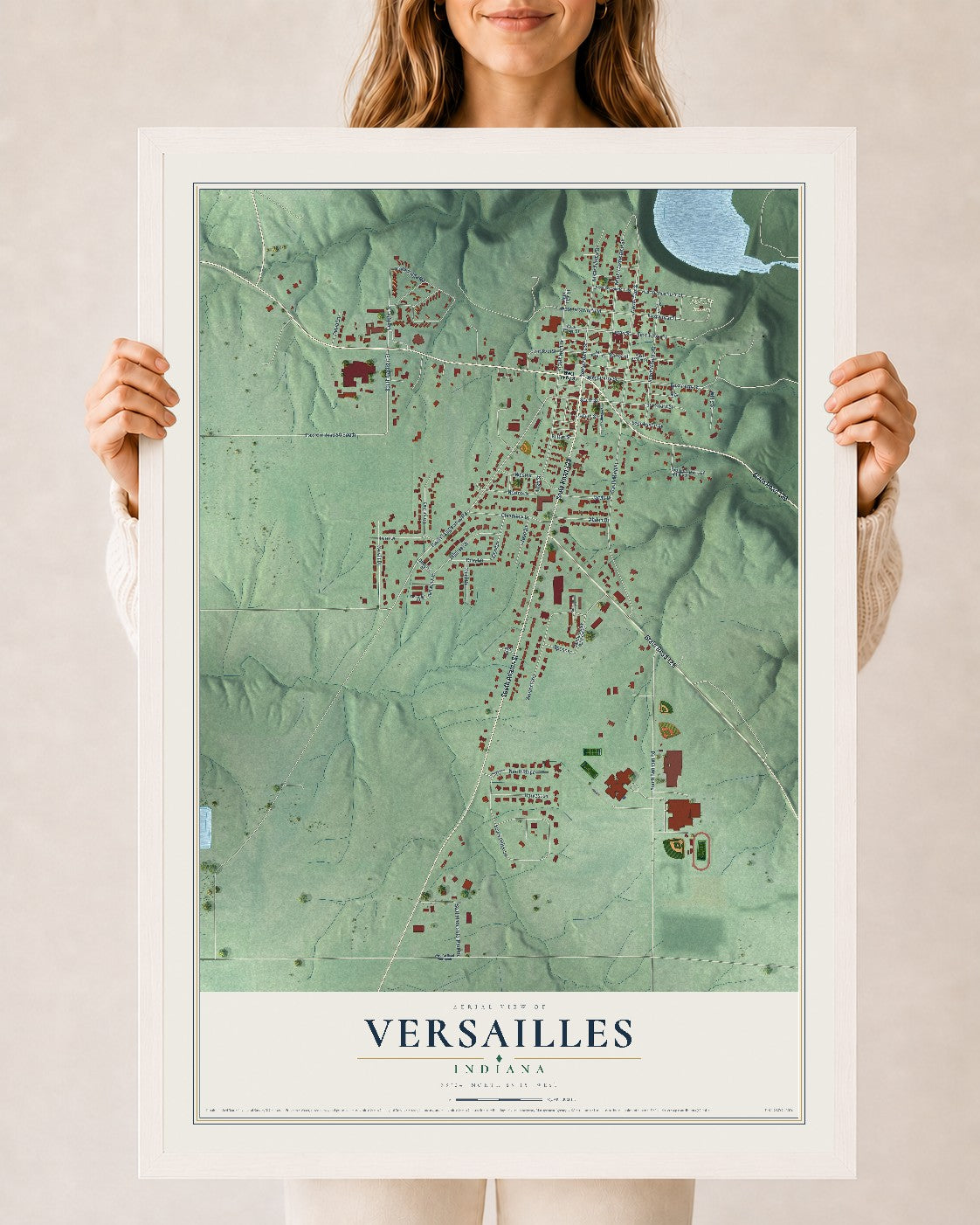 Map of Versailles, Indiana, 24 x 36 inch print in a white wood frame