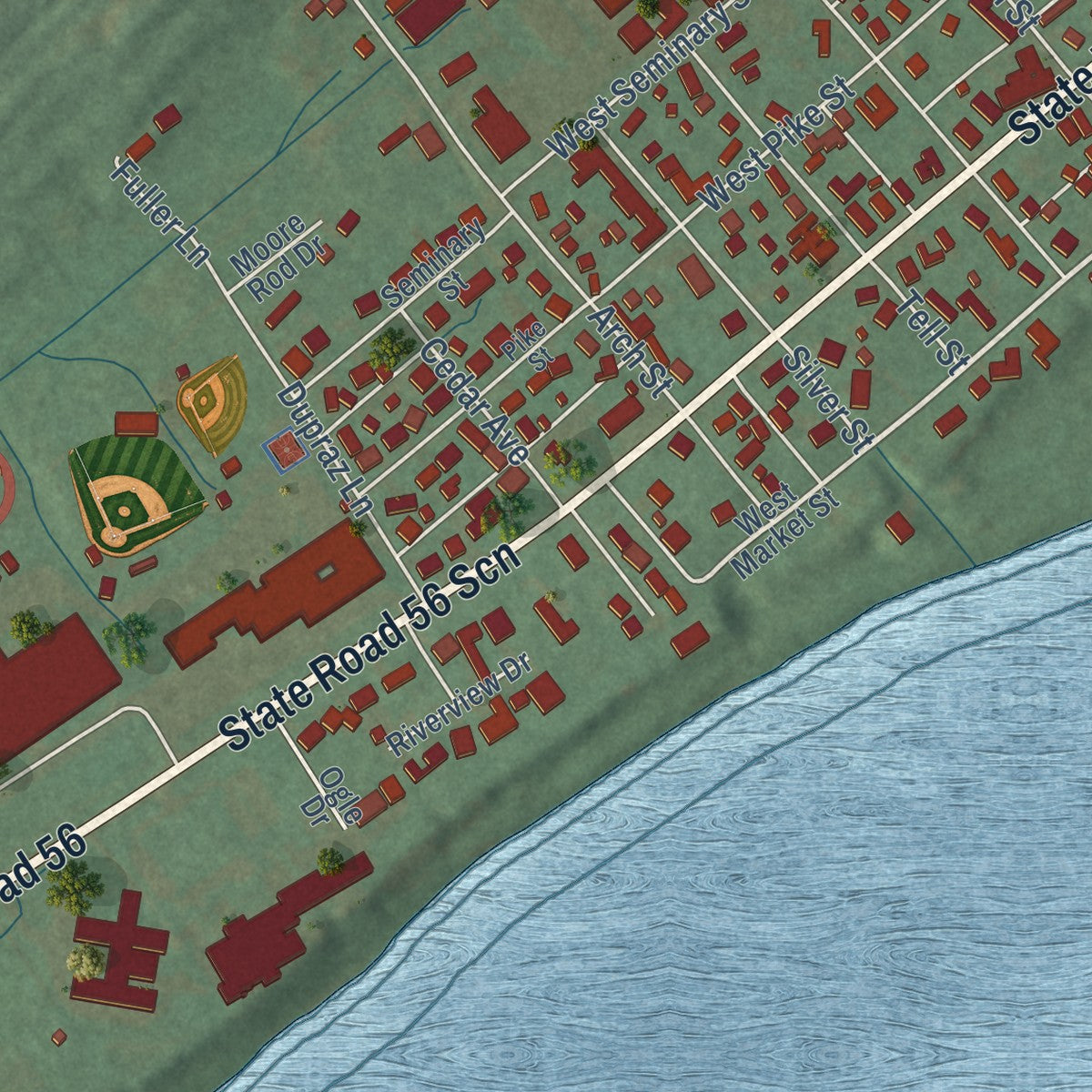 Close-up of the map of Vevay, Indiana print showing street and building detail