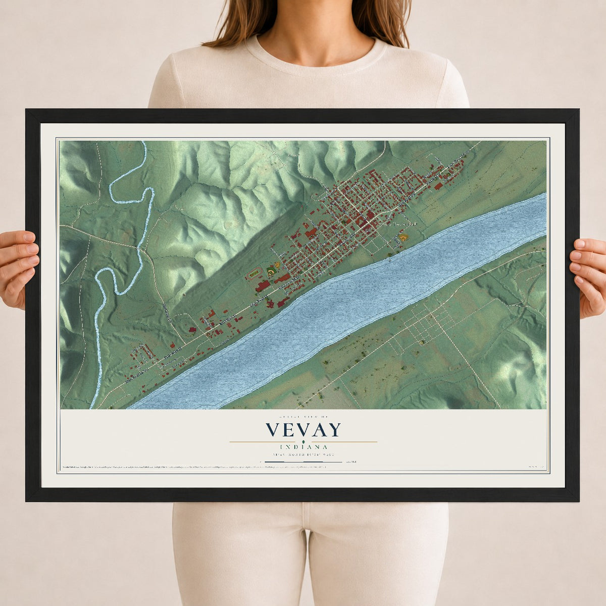 Map of Vevay, Indiana, 18 x 24 inch print in a black wood frame