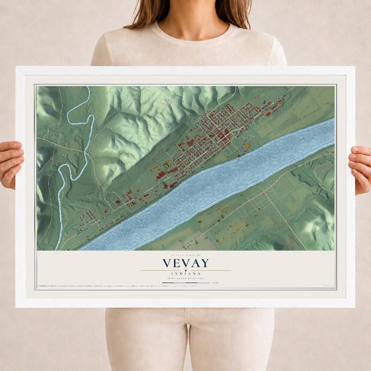 Map of Vevay, Indiana, 18 x 24 inch print in a white wood frame