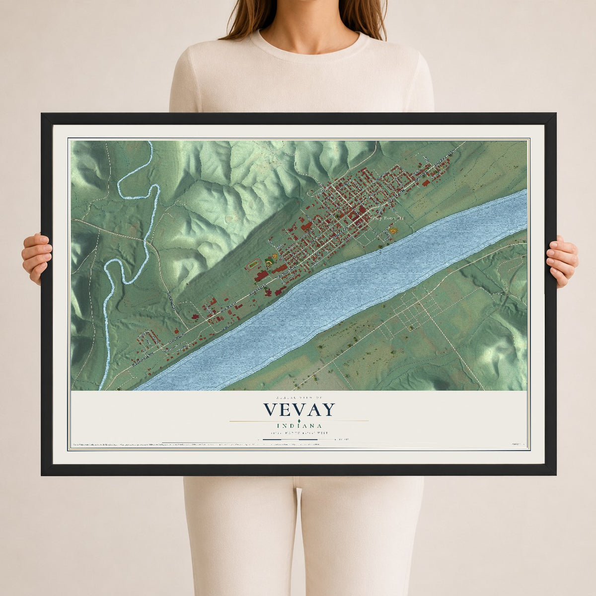 Map of Vevay, Indiana, 24 x 36 inch print in a black wood frame