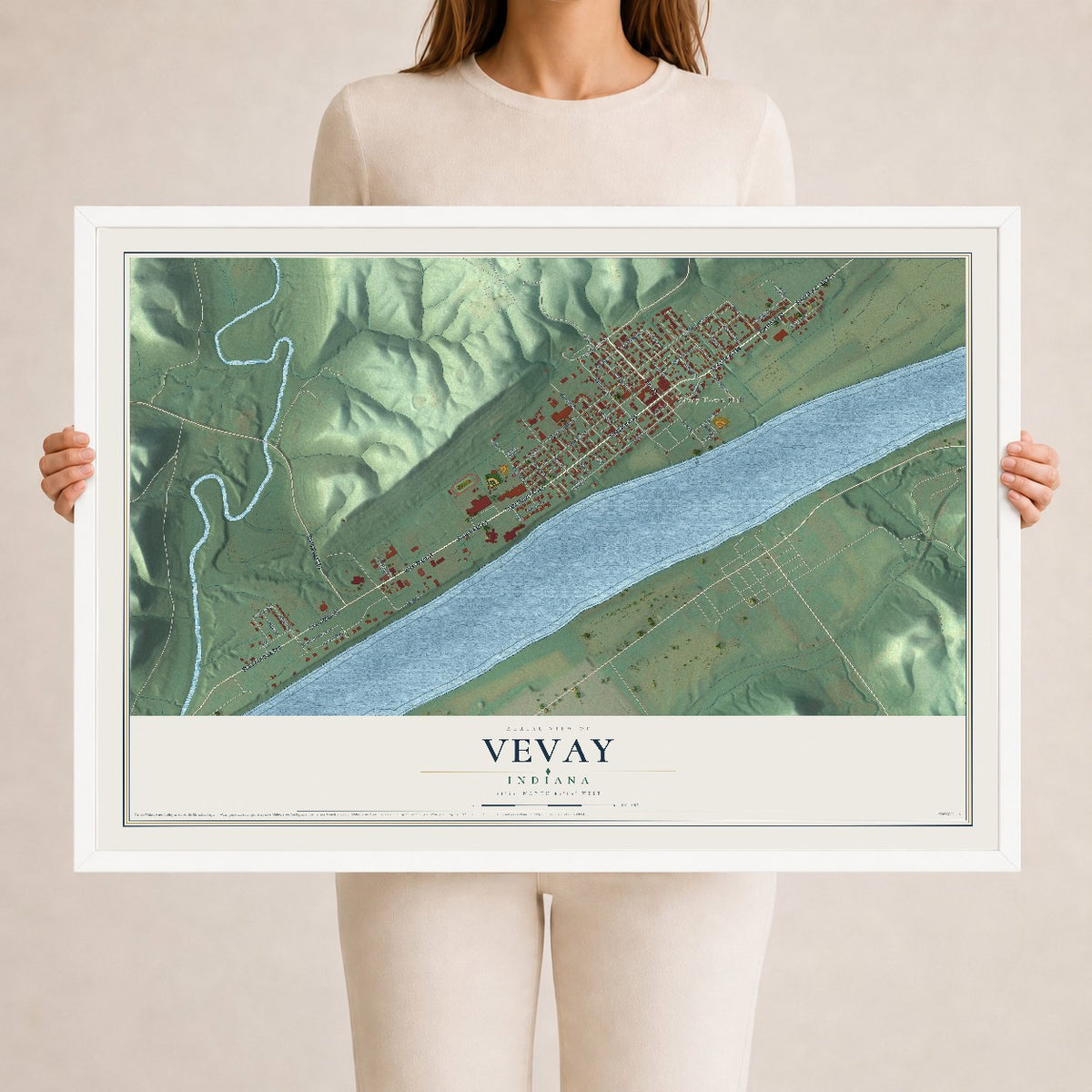Map of Vevay, Indiana, 24 x 36 inch print in a white wood frame