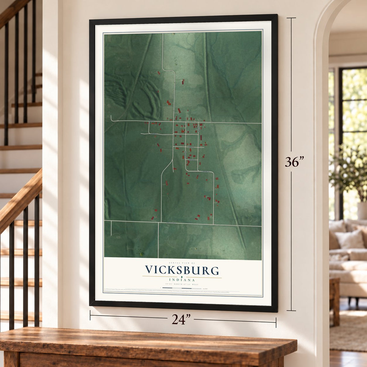 Vicksburg, Indiana map, 24 x 36 inch print in a black frame by a staircase