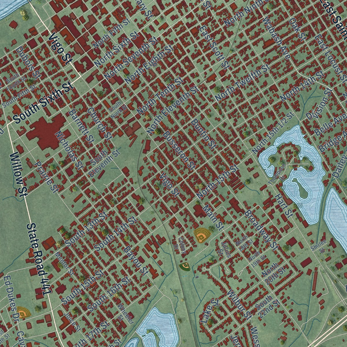 Close-up of the map of Vincennes, Indiana print showing street and building detail