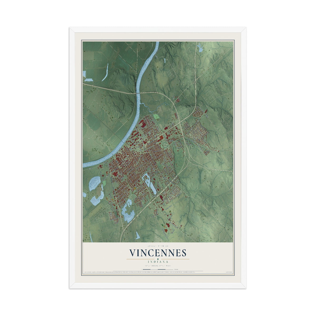 Map of Vincennes, Indiana, 12 x 18 inch print in a white wood frame